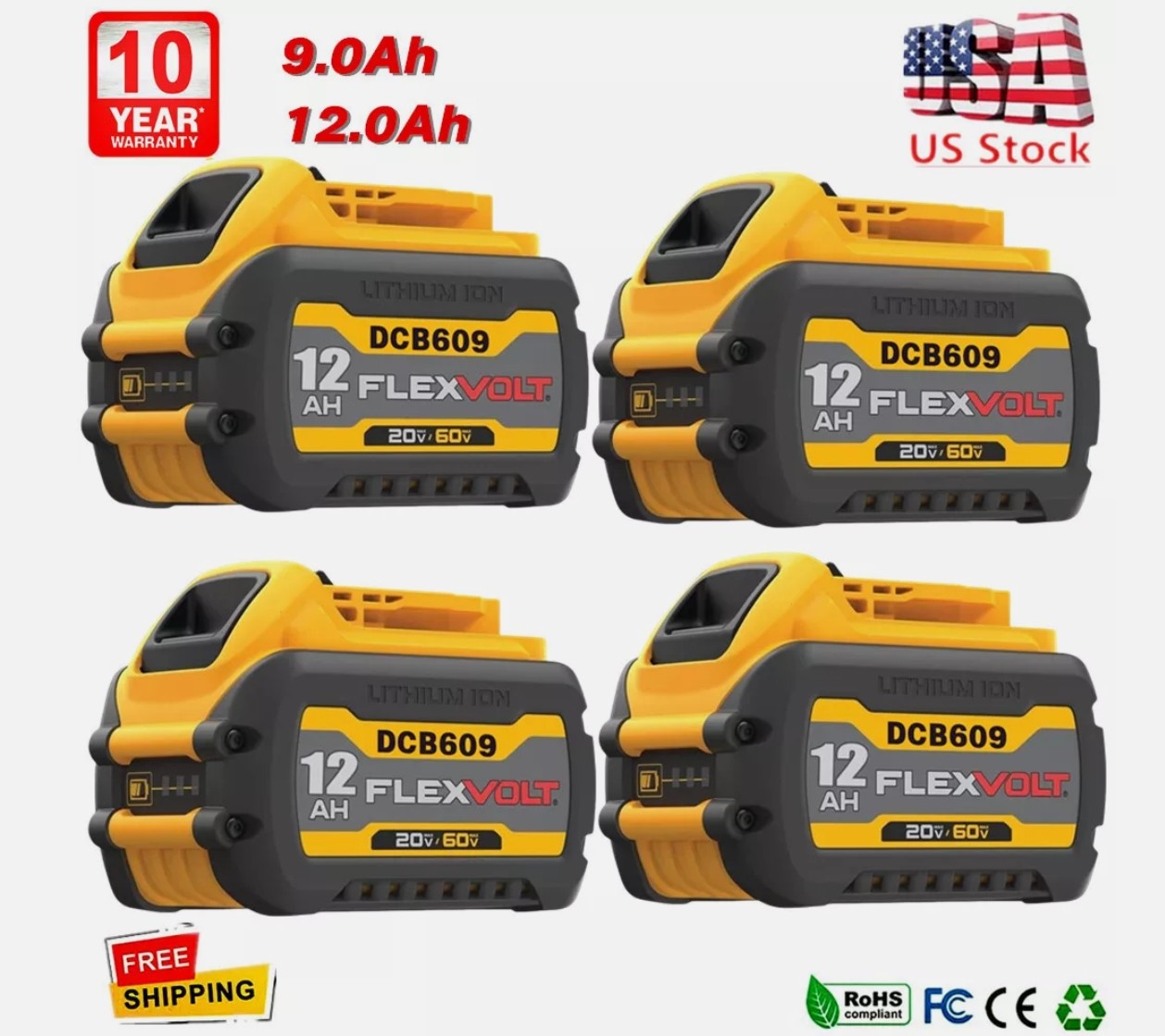 4PCS 12Ah 20V/60V MAX Replacement for DEWALT Battery Lithium DCB606 DCB609 Tool~