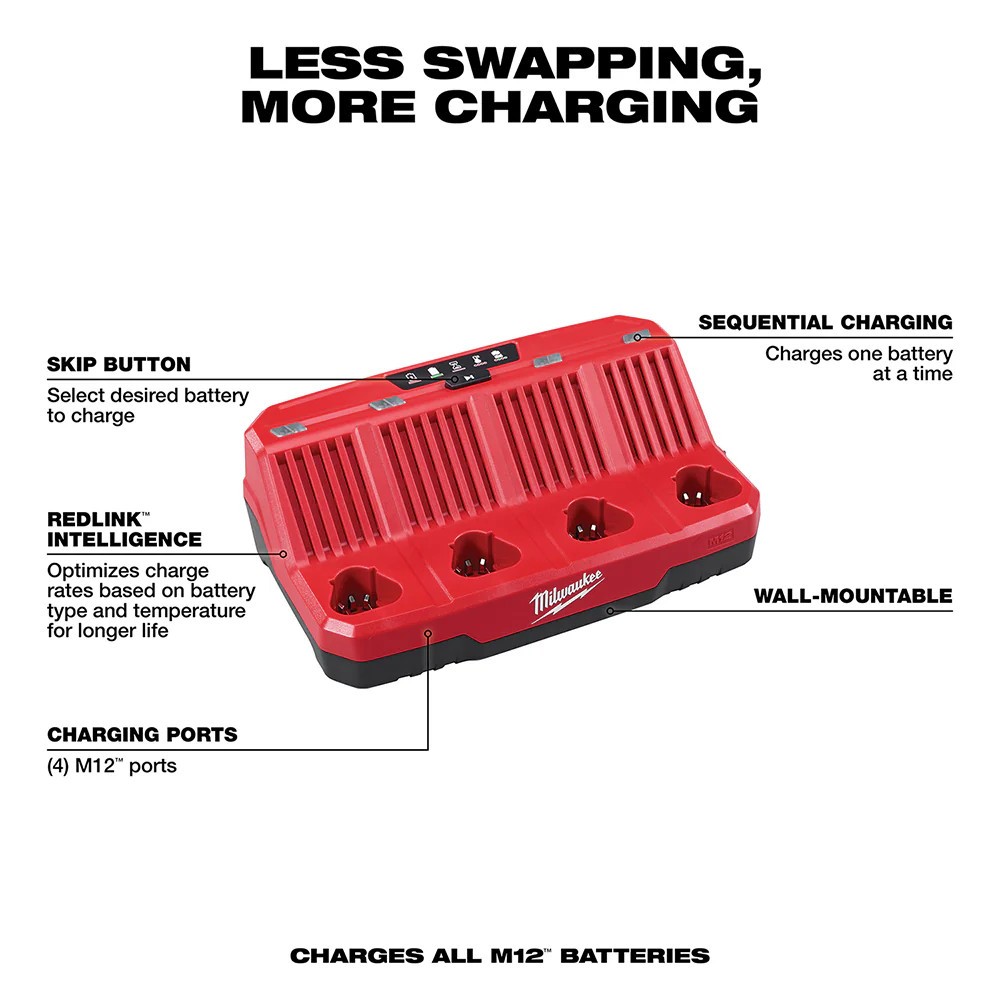 Milwaukee 48-59-1204 M12 12V REDLINK 4-Bay Skip Button Battery Charger New US