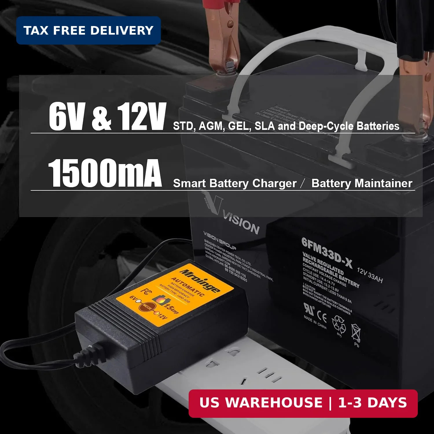 Smart Battery Charger, Mroinge 6V / 12V 1.5A Fully Automatic Trickle Charger/Mai