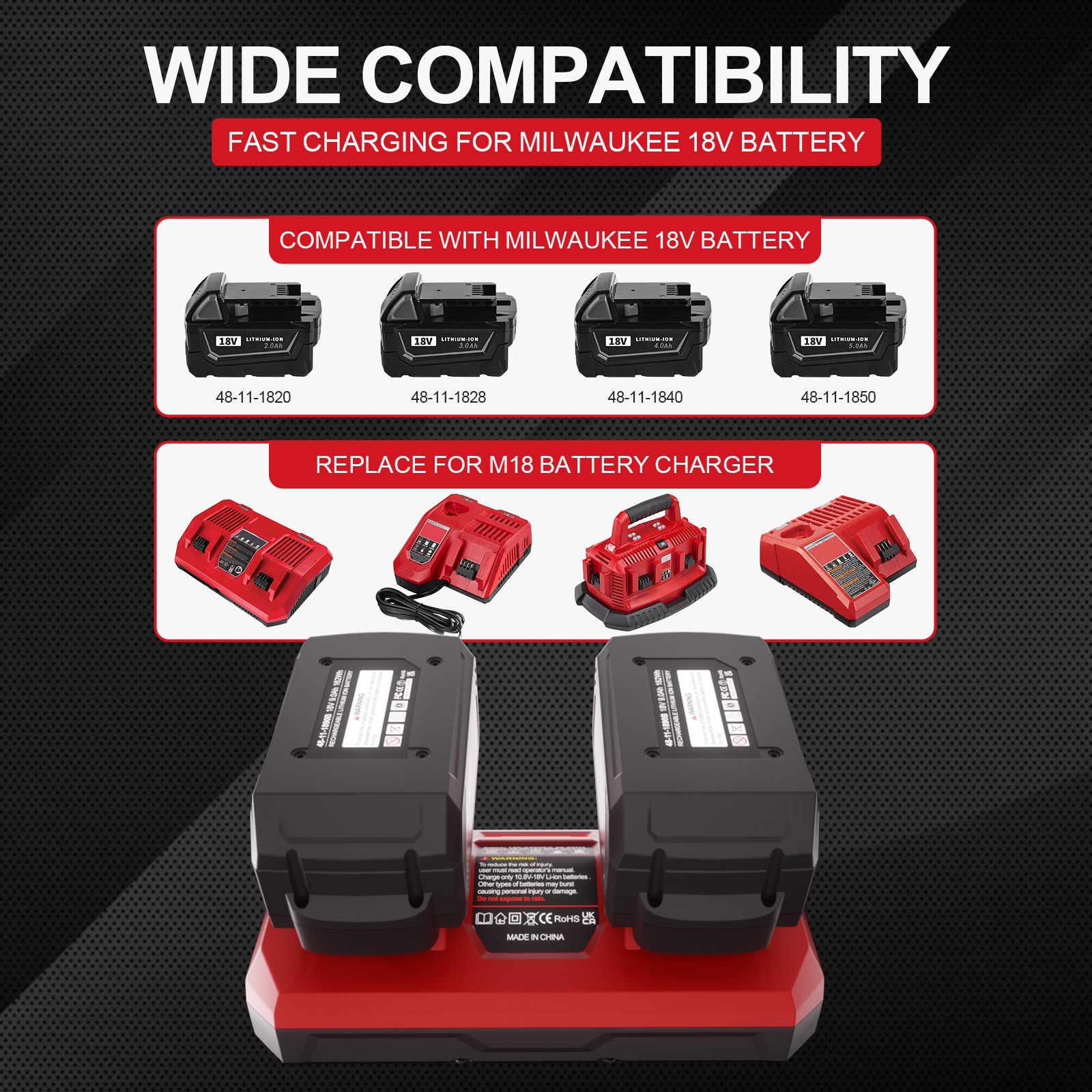 2 Pack 18V 8.0Ah Li-Ion Battery and Charger kit For Milwaukee M-18 4811-1862