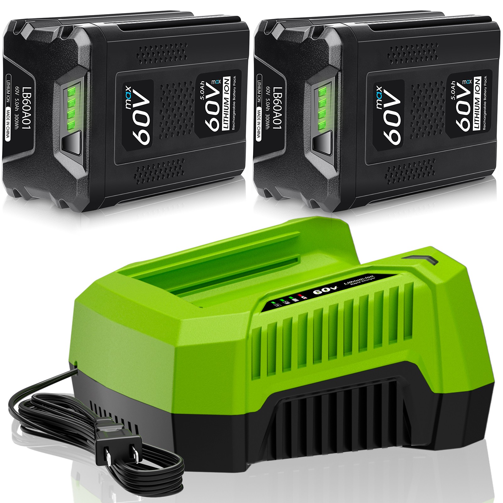 2Pack 5.0Ah Li-Ion Battery + 6A Rapid Charger Kit For Greenworks LB605 LB60A01