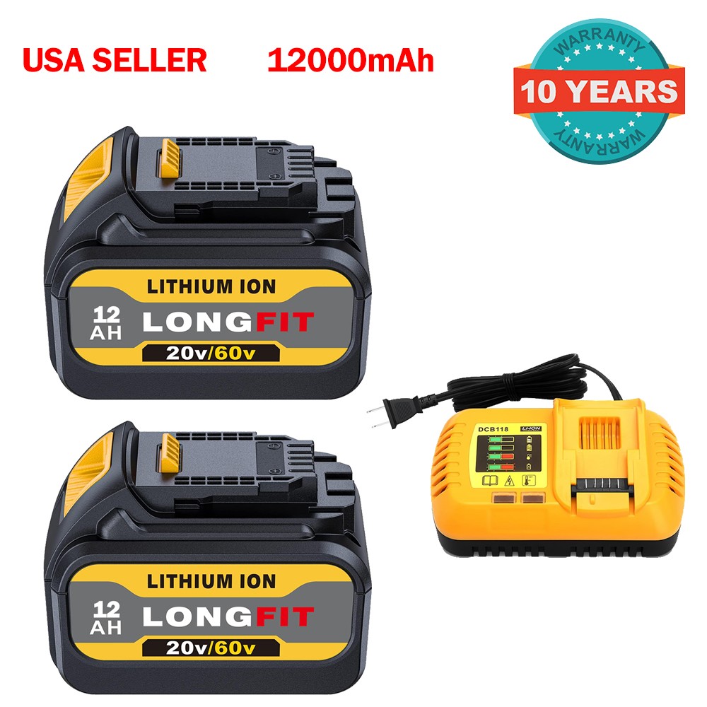 2PCS 12Ah Replacement DCB606-2 Battery for Dewalt 20V 60V Max Battery & Charger/