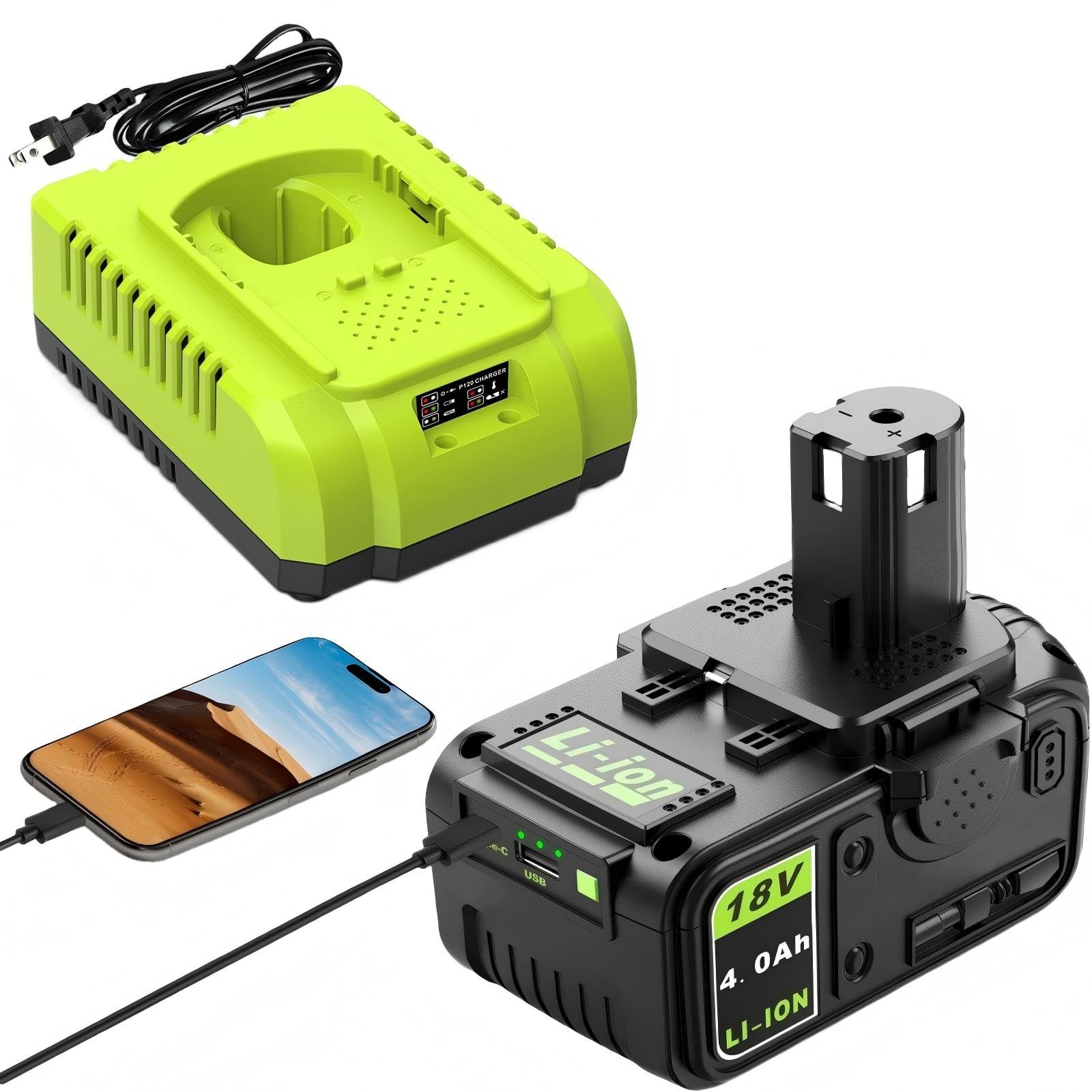Abeden 18V 4.0Ah Replacement Battery with USB and Charger Combo for Green