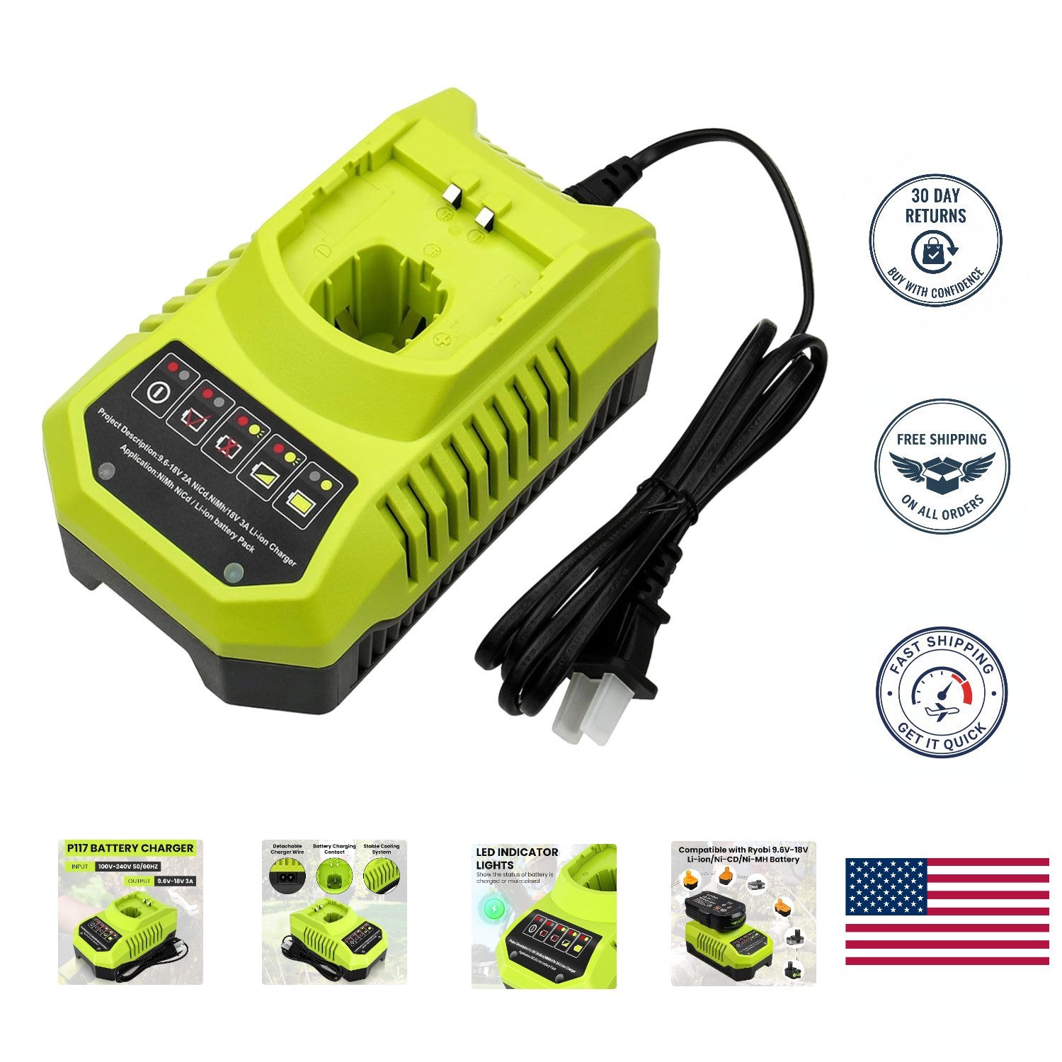 P117 Rapid Charger for Ryobi 18V Batteries – Safe & Efficient Charging Solution