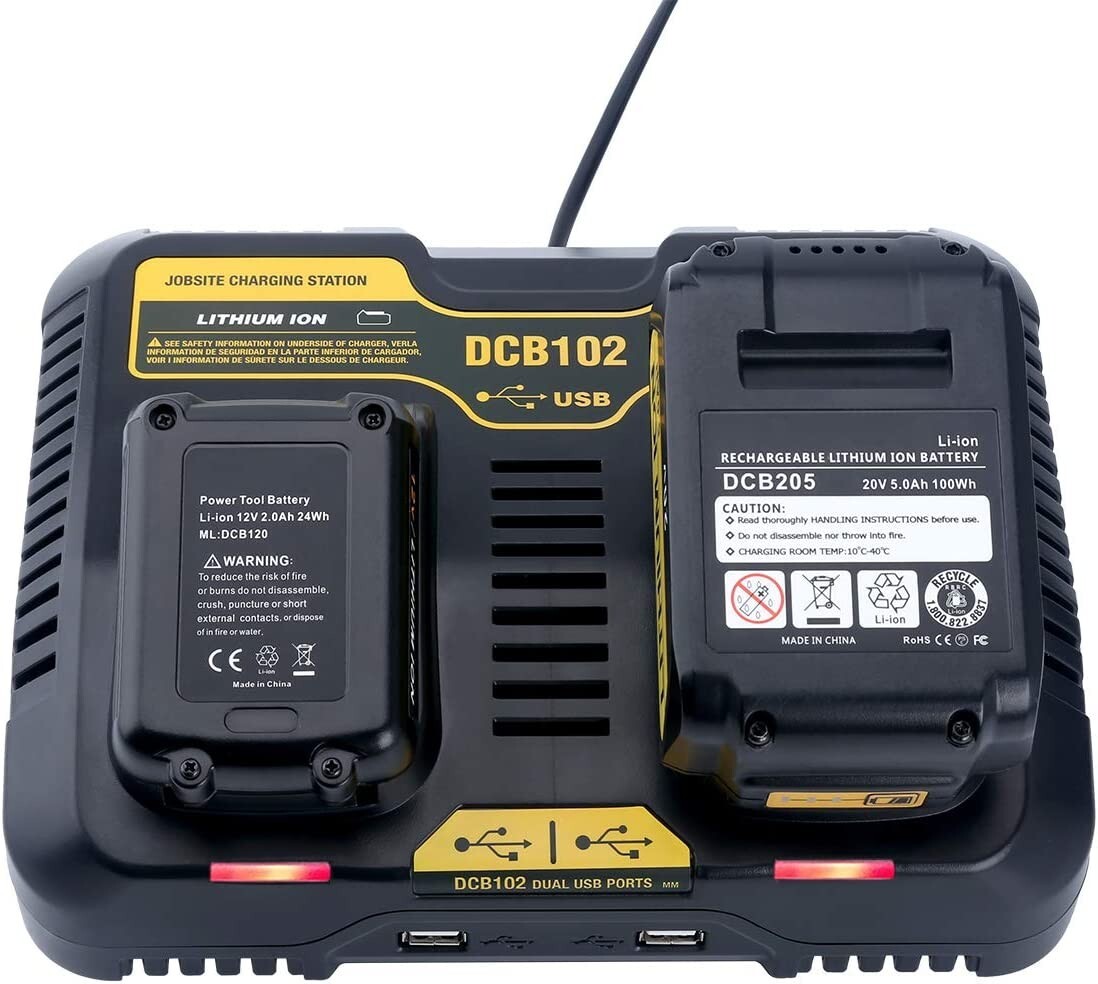For Dewalt DCB102 Max Lithium Dual 2 Port Battery Charger DCB200 DCB206 12V- 20V