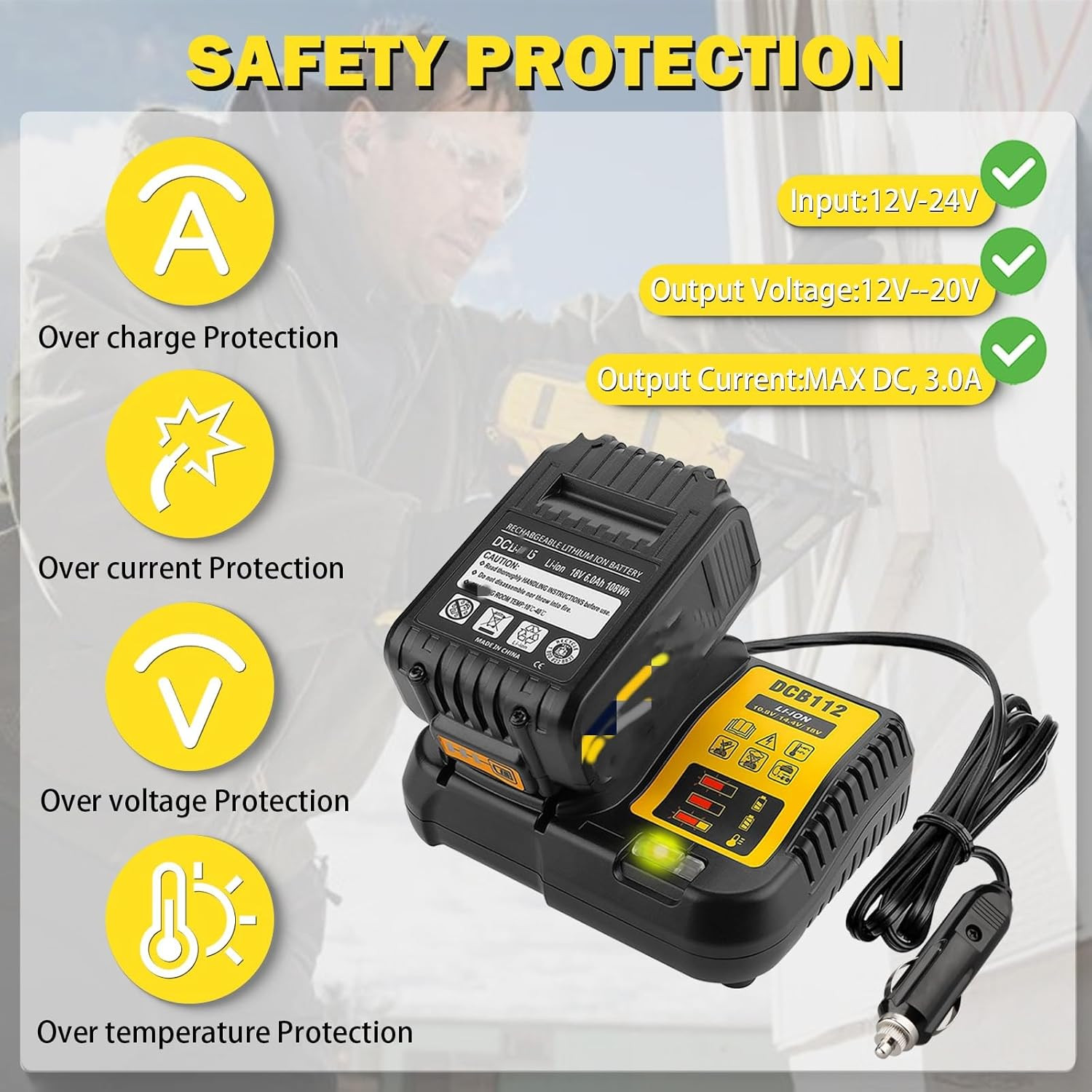 Car Charger Replacement for Dewalt 20V Battery, DCB112 Charger with Vehicle 12V