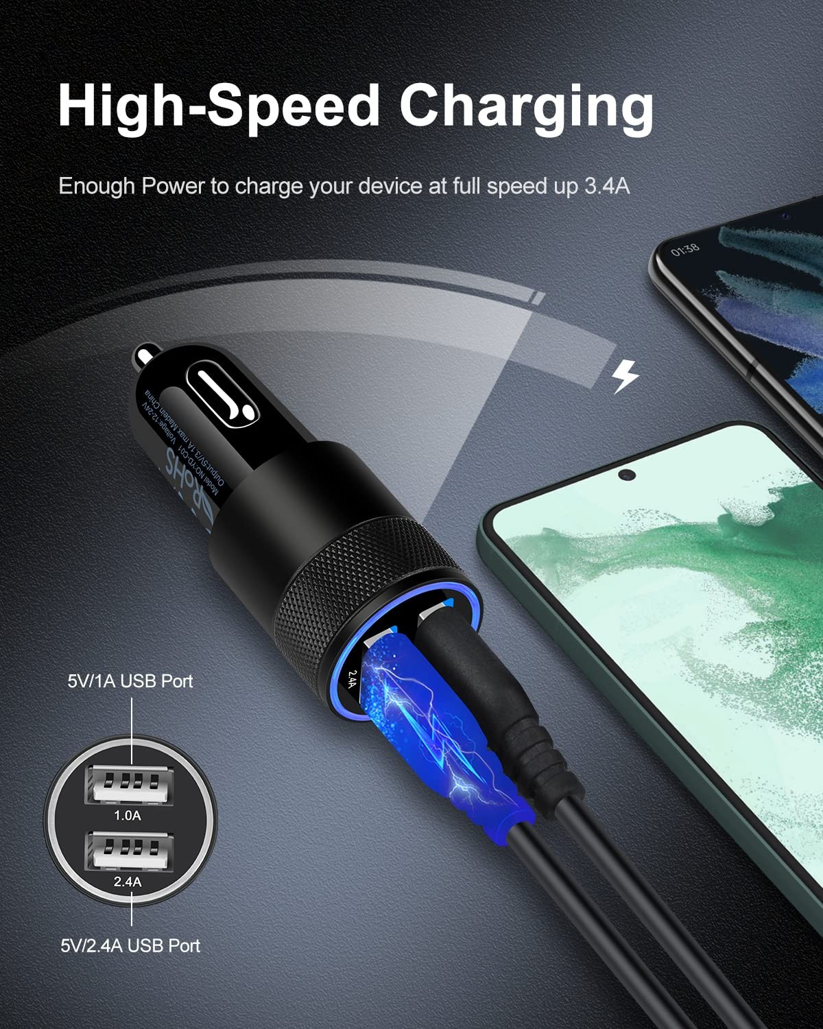 Ailkin Car Charger 2Pack/3.4A Charge Dual Port Usb Cargador Carro Lighter