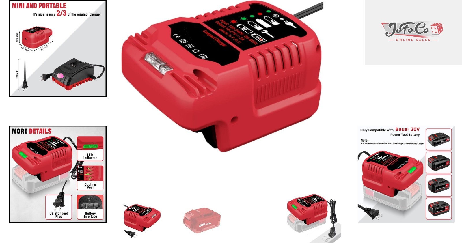 Compact Bauer 20V Battery Charger – Travel-Ready 110V Input, LED Charging Status