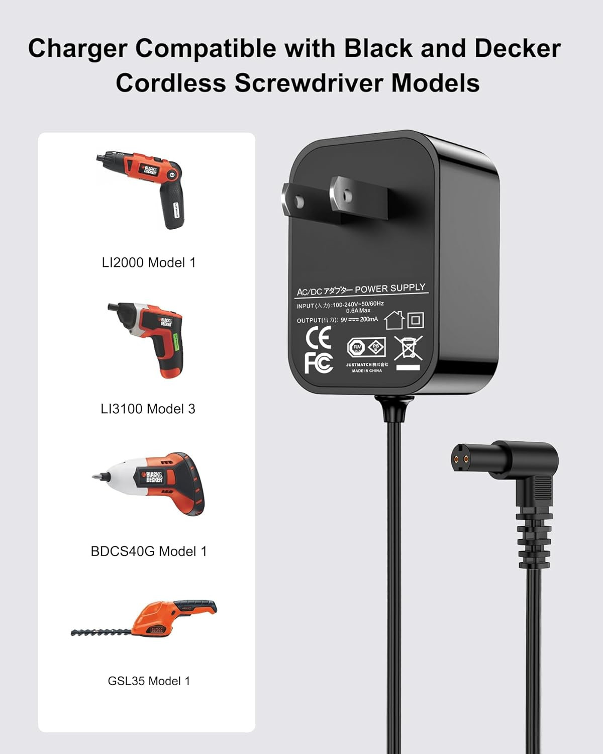 9V Charger for Black and Decker Screwdrivers LI2000 and LI3100 (Non-Type 2), Rep