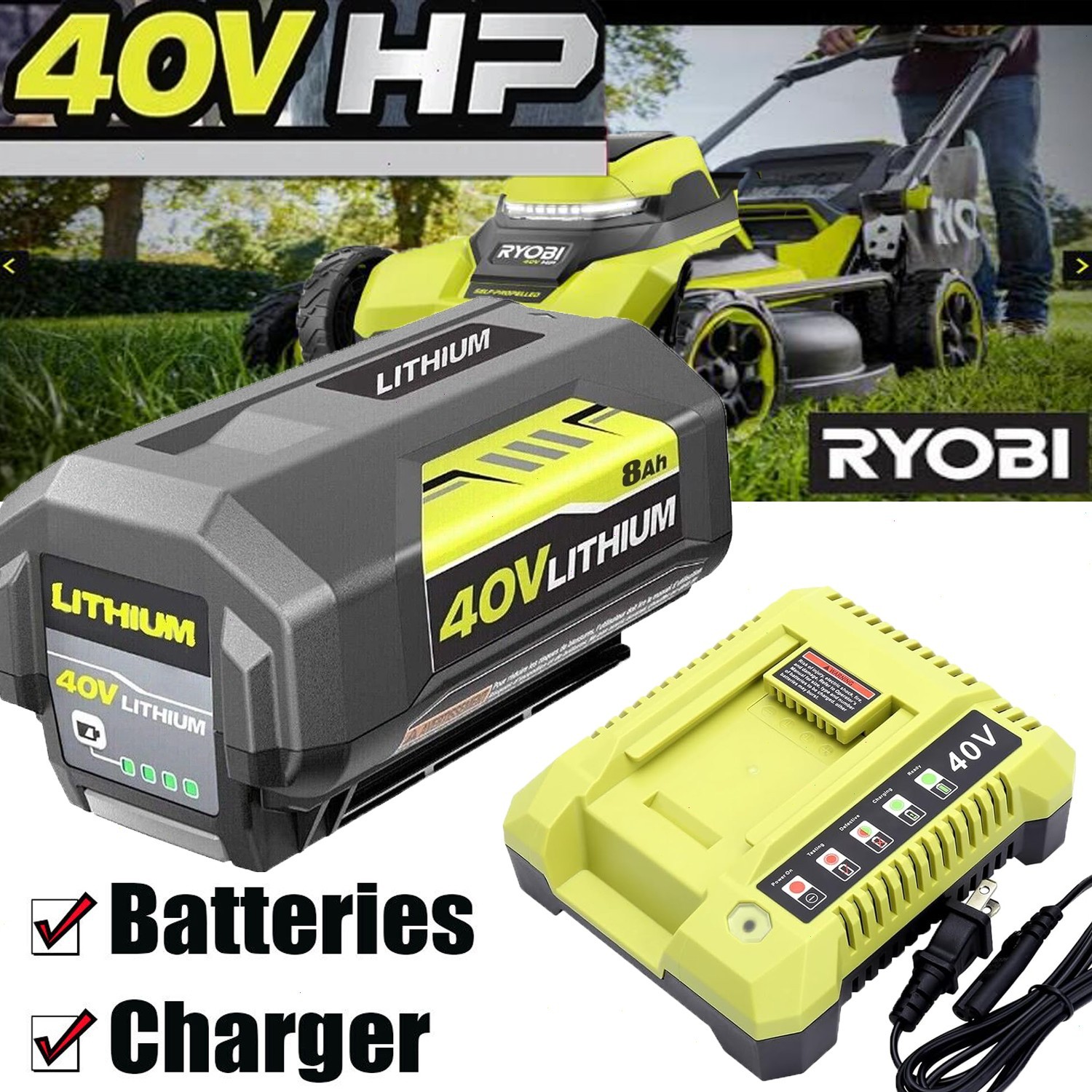8.0Ah Battery 40 Volt for Ryobi 40V Lithium OP40602 Battery with LED Charger