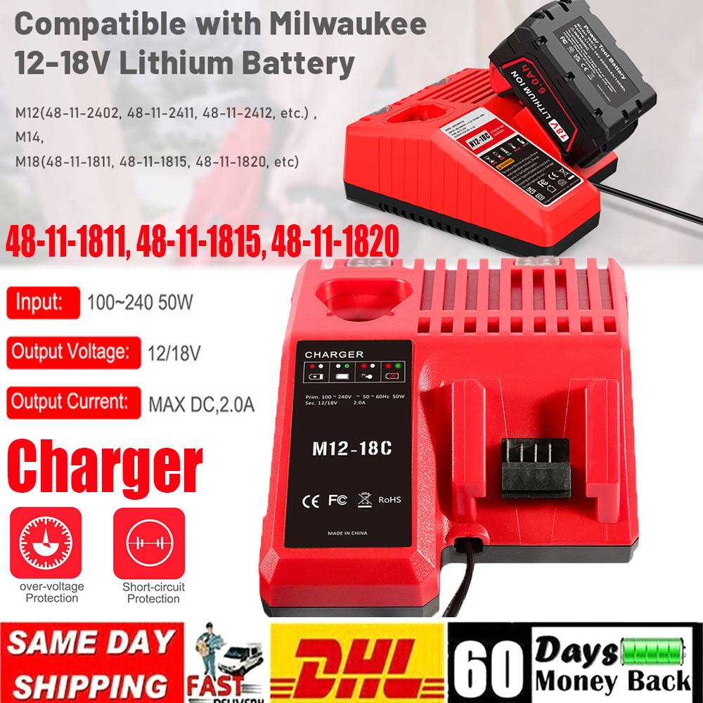 Rapid Charger for Milwaukee FOR M12 FOR M18 Lithium Battery 12V-18V 48-11-1820