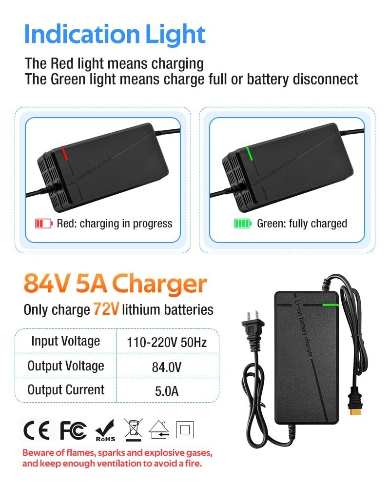84V 5A Fast Charger for 72V Lithium Battery, XT60 Plug, Cooling System, High Eff