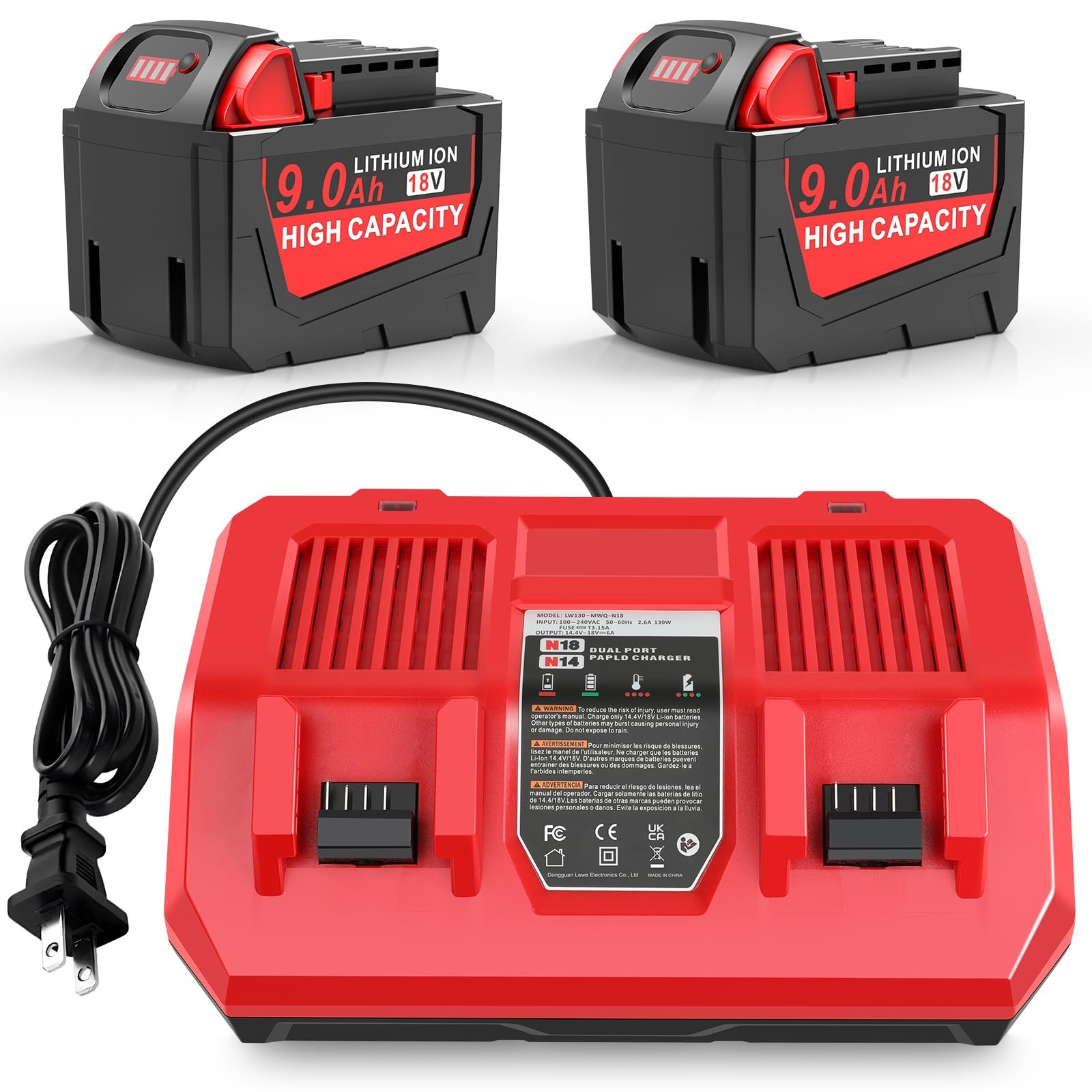 Cukect 2PK Milwaukee 18V 9.0Ah Battery & Rapid Dual Charger Kit