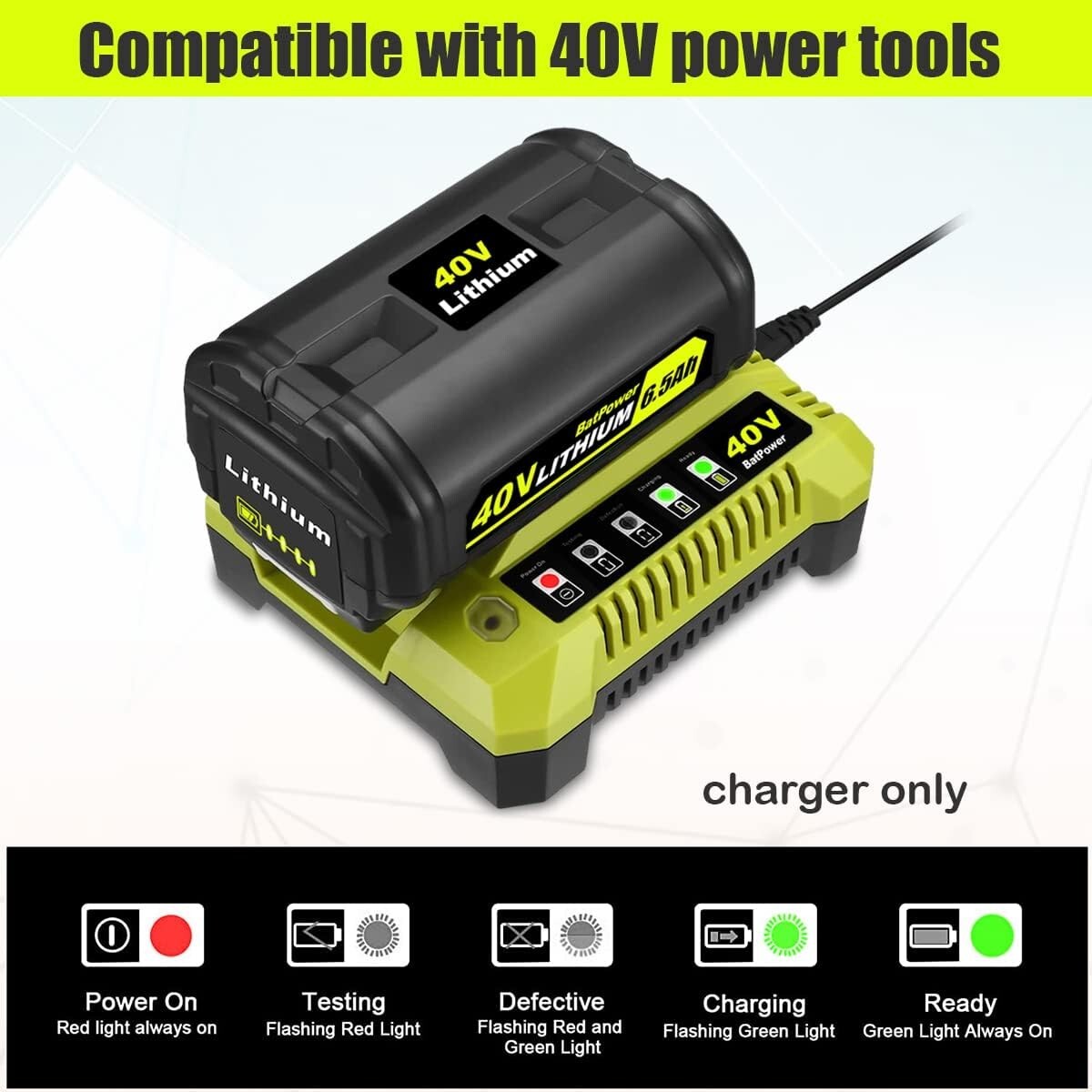 BatPower 40V Rapid Dual Charger Compatible with Ryobi OP401 OP406 OP407A Charger