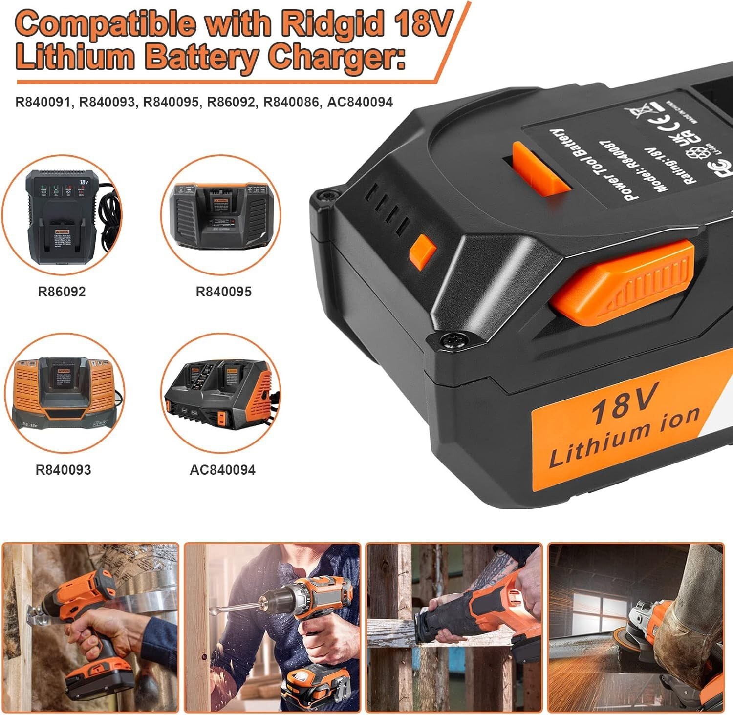 8000mAh Lithium-ion Battery For Ridgid 18V R840087 R840085 Rigid 18V Tool 7.0AH