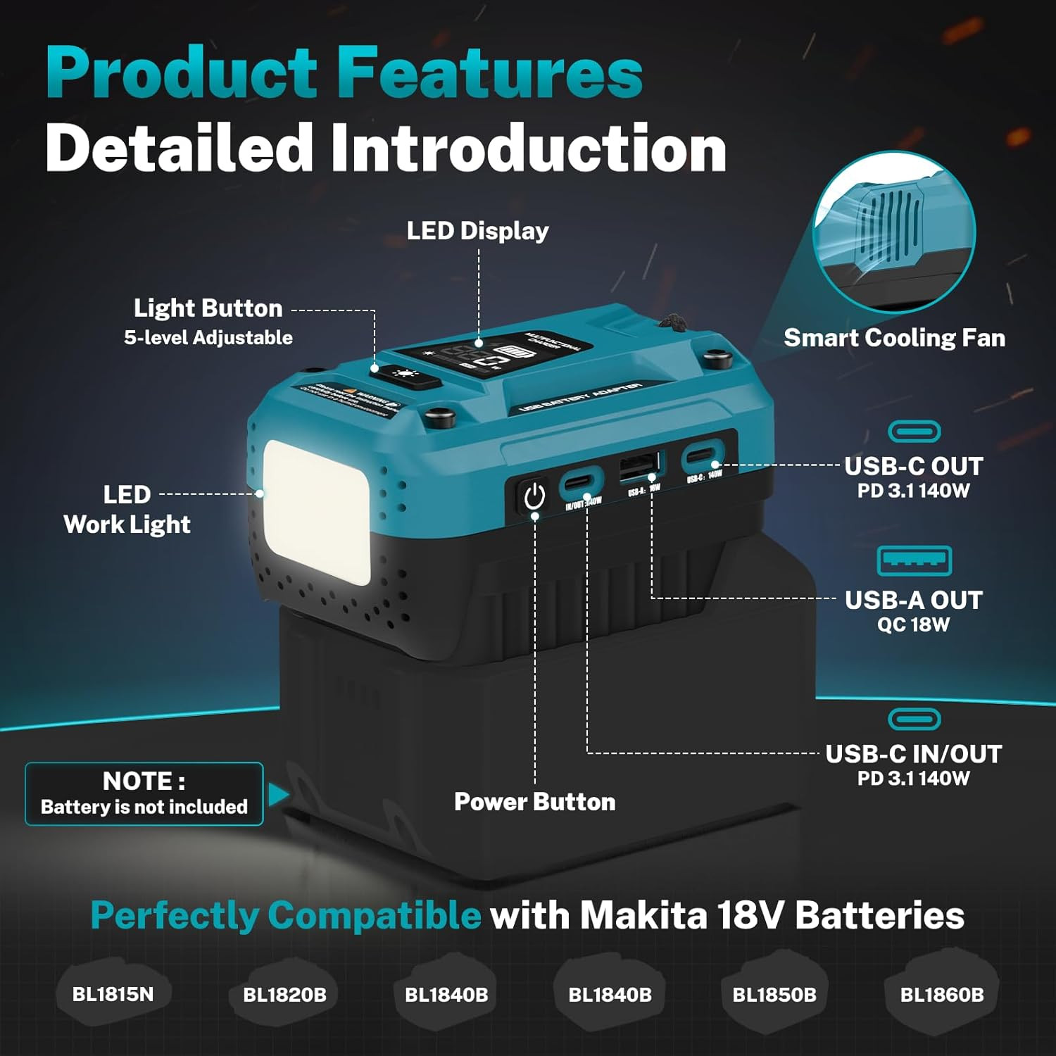 140W PD3.1 Battery Charger Adapter, Compatible with Makita 18V Battery | Support