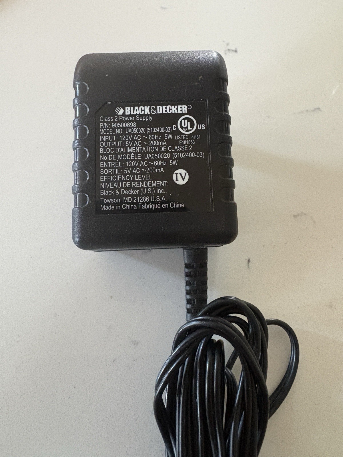 Genuine Black & Decker UA050020 90500898 5V AC 200mA AC Power Wall Adapter
