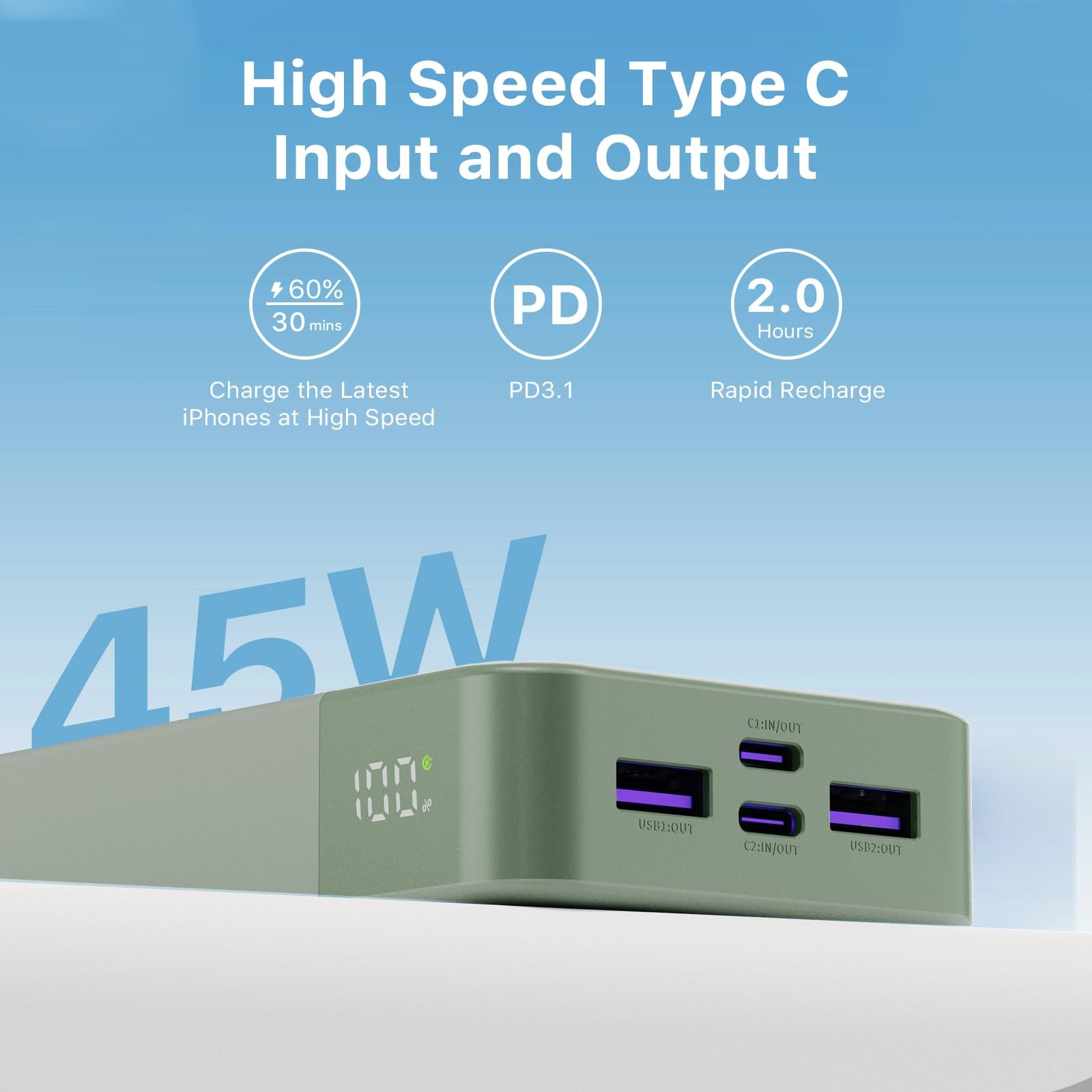 Juovi Power Bank 45W 20000Mah Portable Charger Usb C Pd Qc Charging 4-Port2C2A