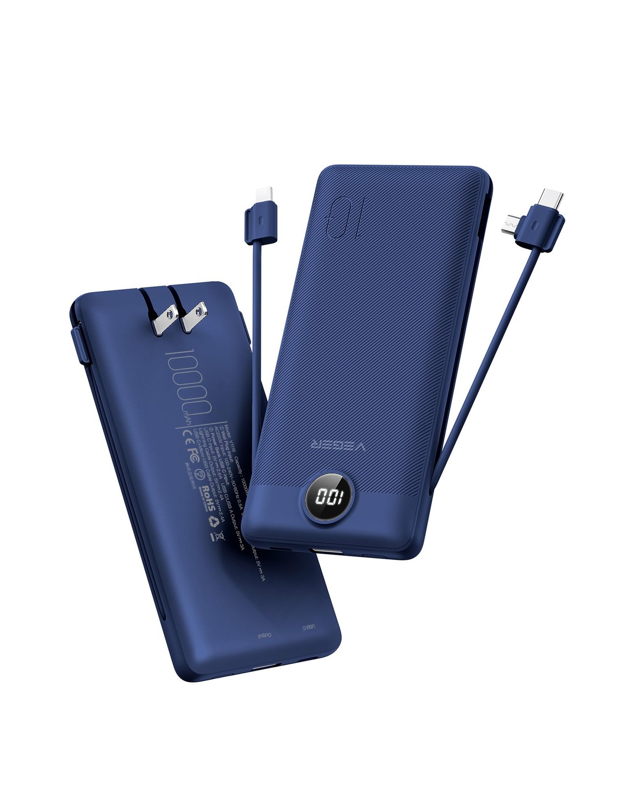 Veger Portable Charger Built-In Ac Plug And Cables All In One 10000Mah Ultra