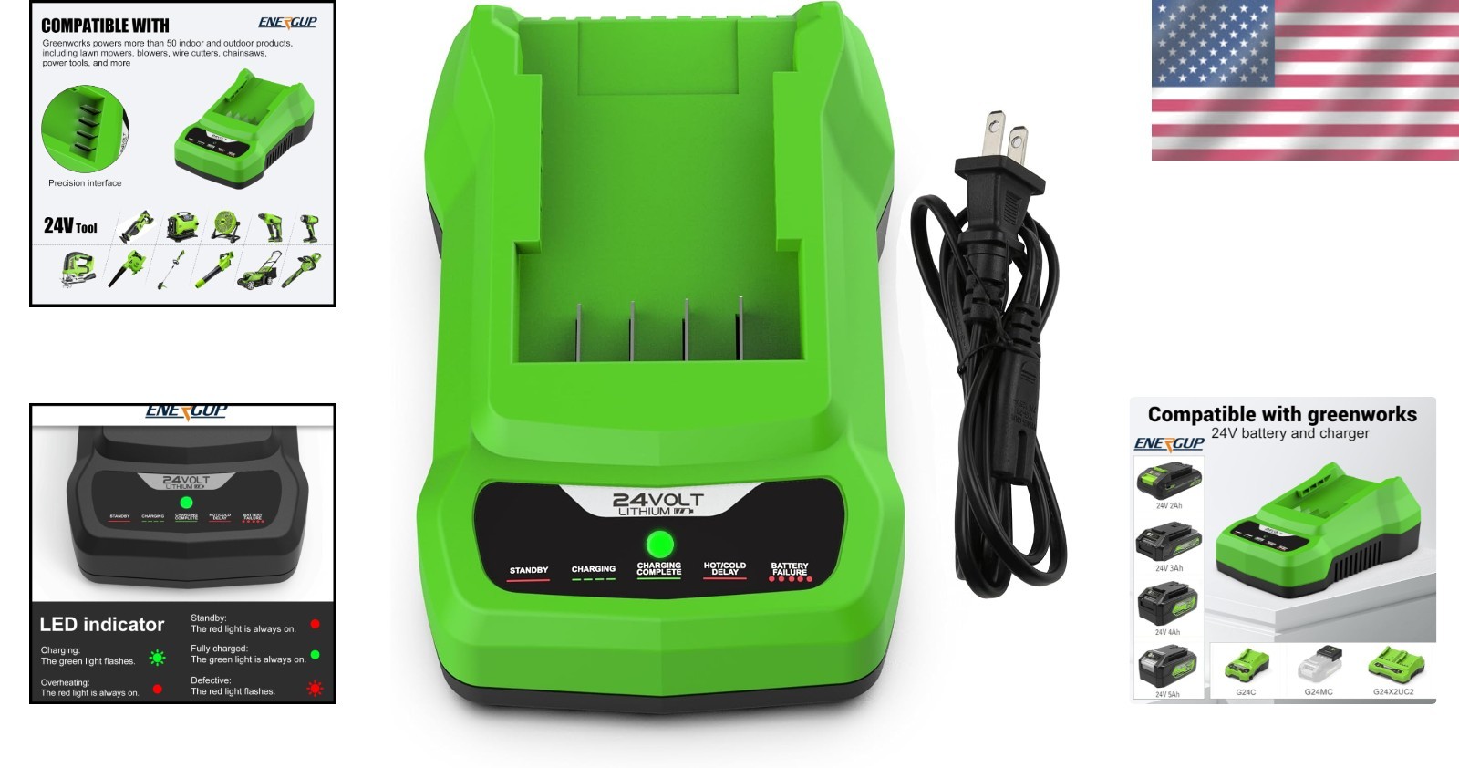 Efficient 24V Charger for Greenworks Li-ion Batteries – LED Indicators Included
