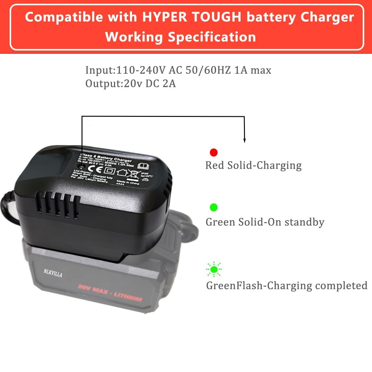 20V 2A Lithium-Ion Battery Fast Charger with LED Indicator Light, US Plug