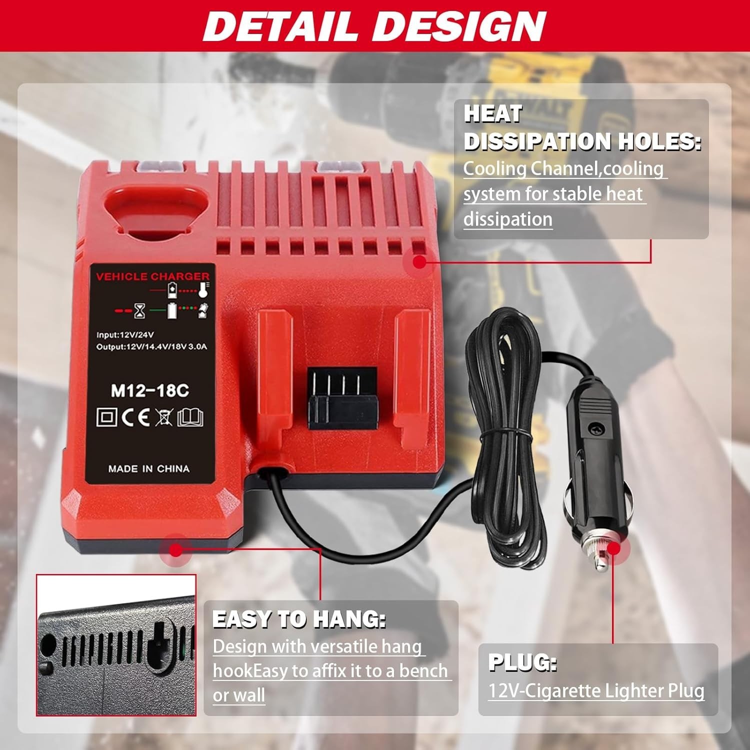 for M12 & M18 Multi Voltage Car Charger Milwaukee 12V-18V Lithium Red