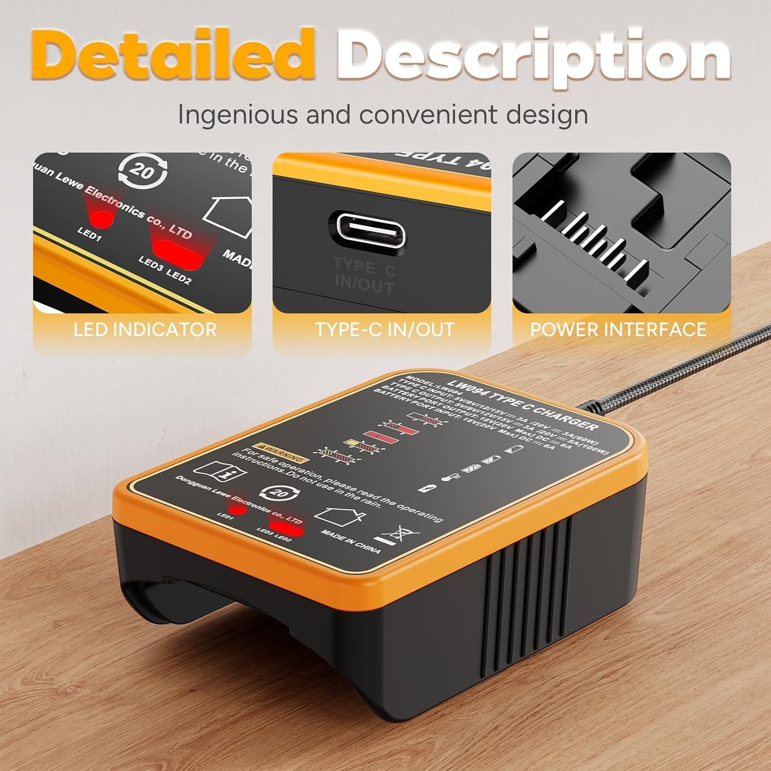 100W USB-C Battery Adapter Charger for DeWalt 12V 20V Batteries