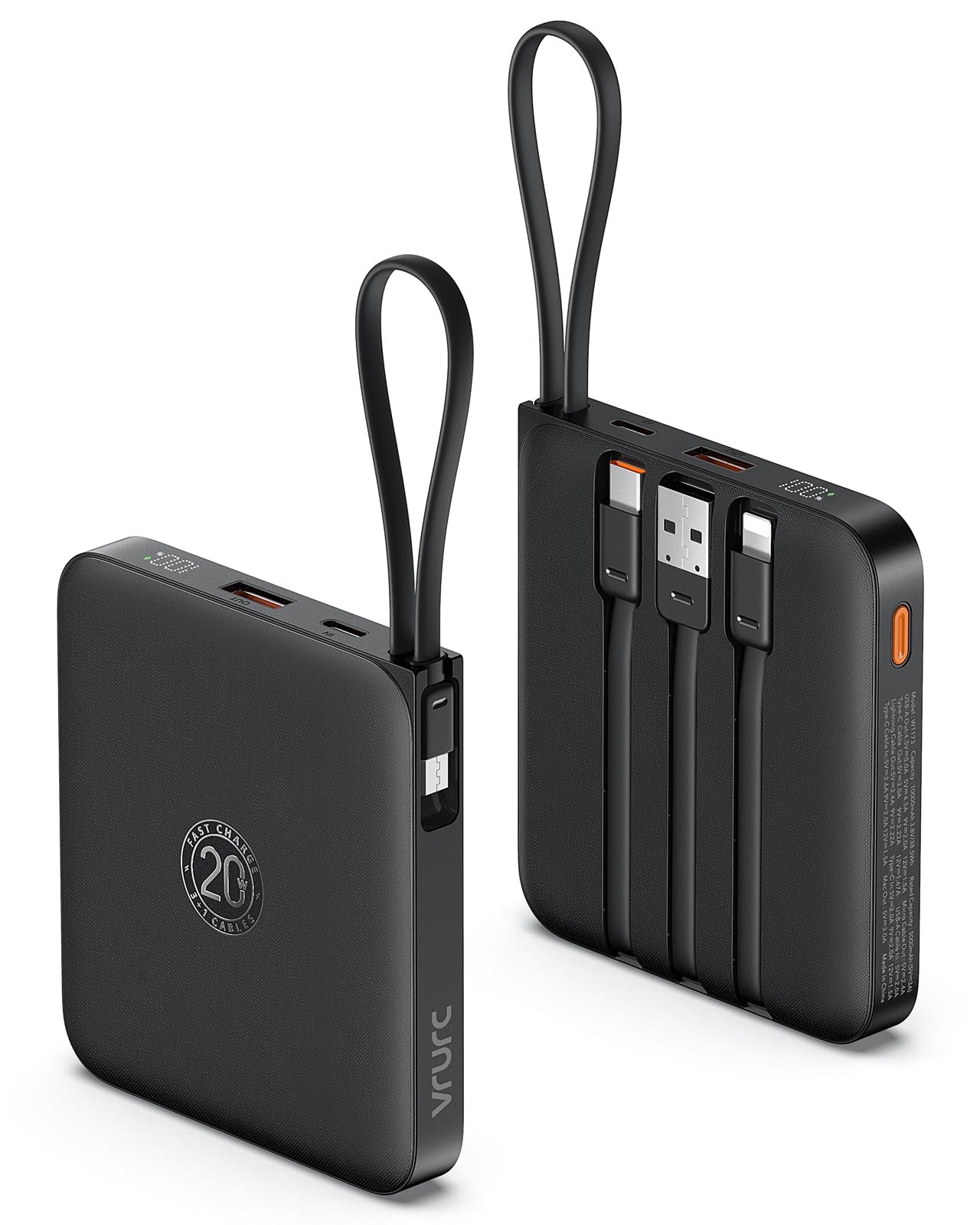 Vrurc Portable Charger Built-In Cable 10000Mah 22.5W Charging Usb C Battery