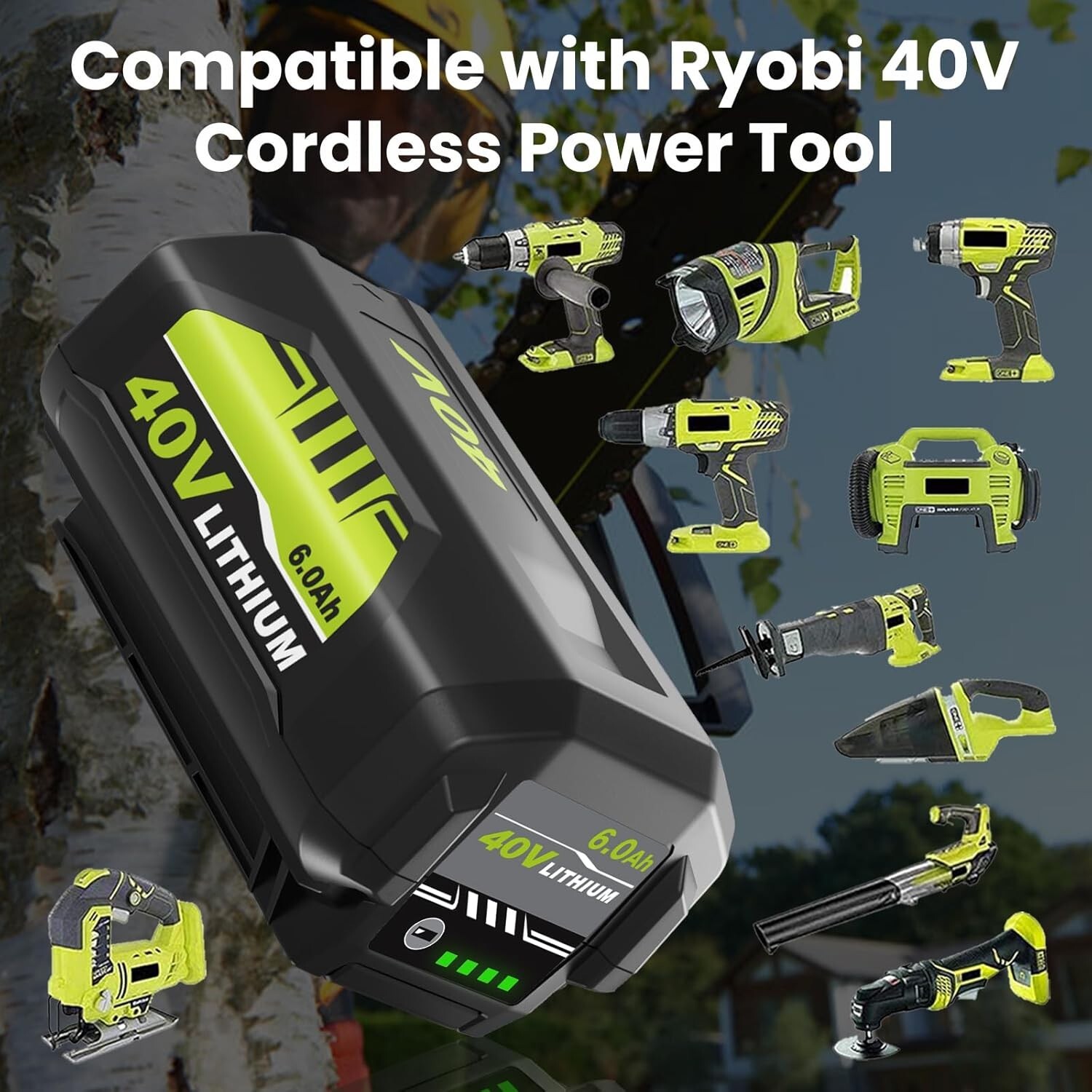 Pack 6.0Ah Replacement for Ryobi 40V Lithium OP40602 Battery With LED/Charger