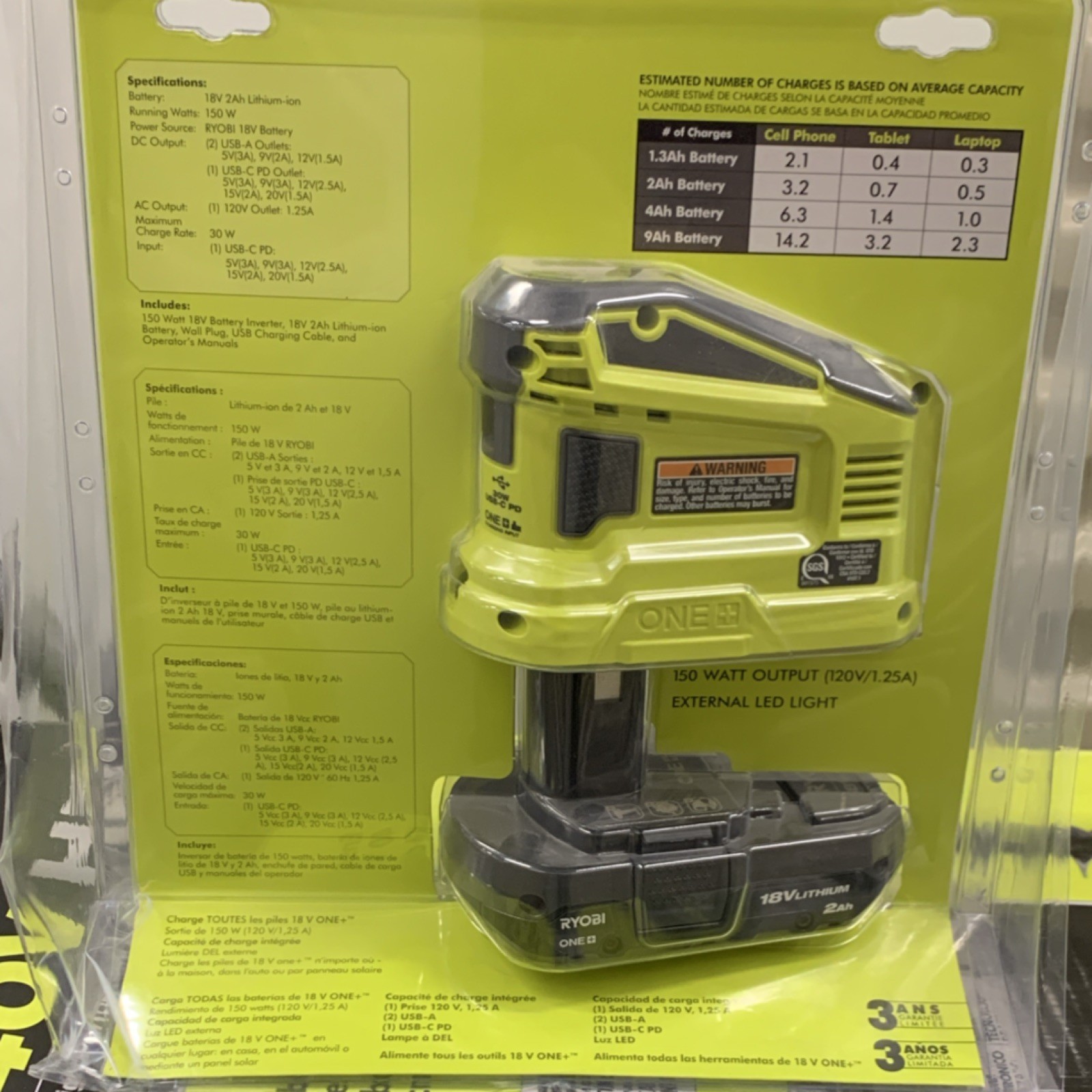 Ryobi RYI150CVNM 18V ONE+ 150W Power Source Charger USB-C USB-A w/Battery