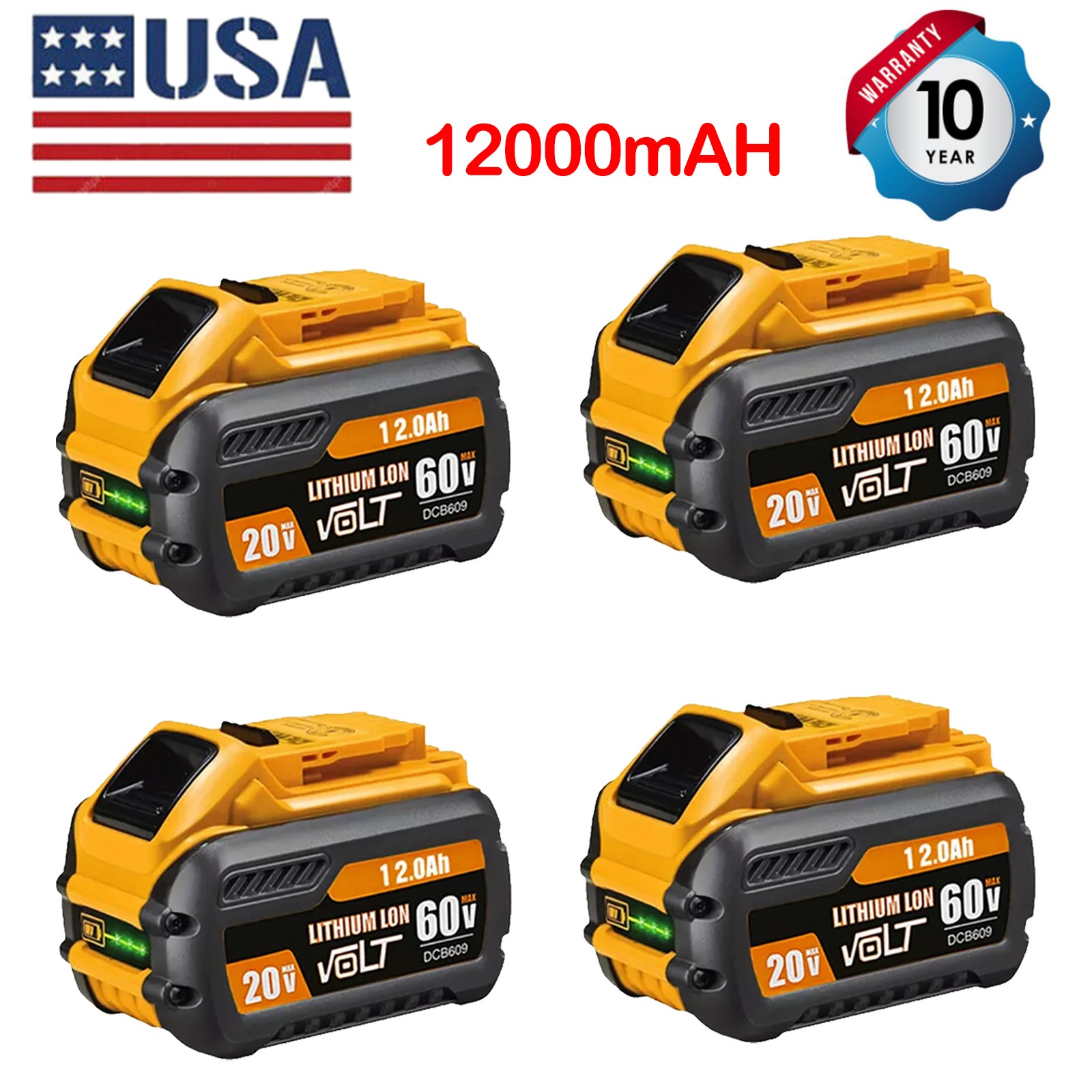 4PCS 12Ah 20V/60V MAX Replacement for DEWALT Battery Lithium DCB606 DCB609 Tool~