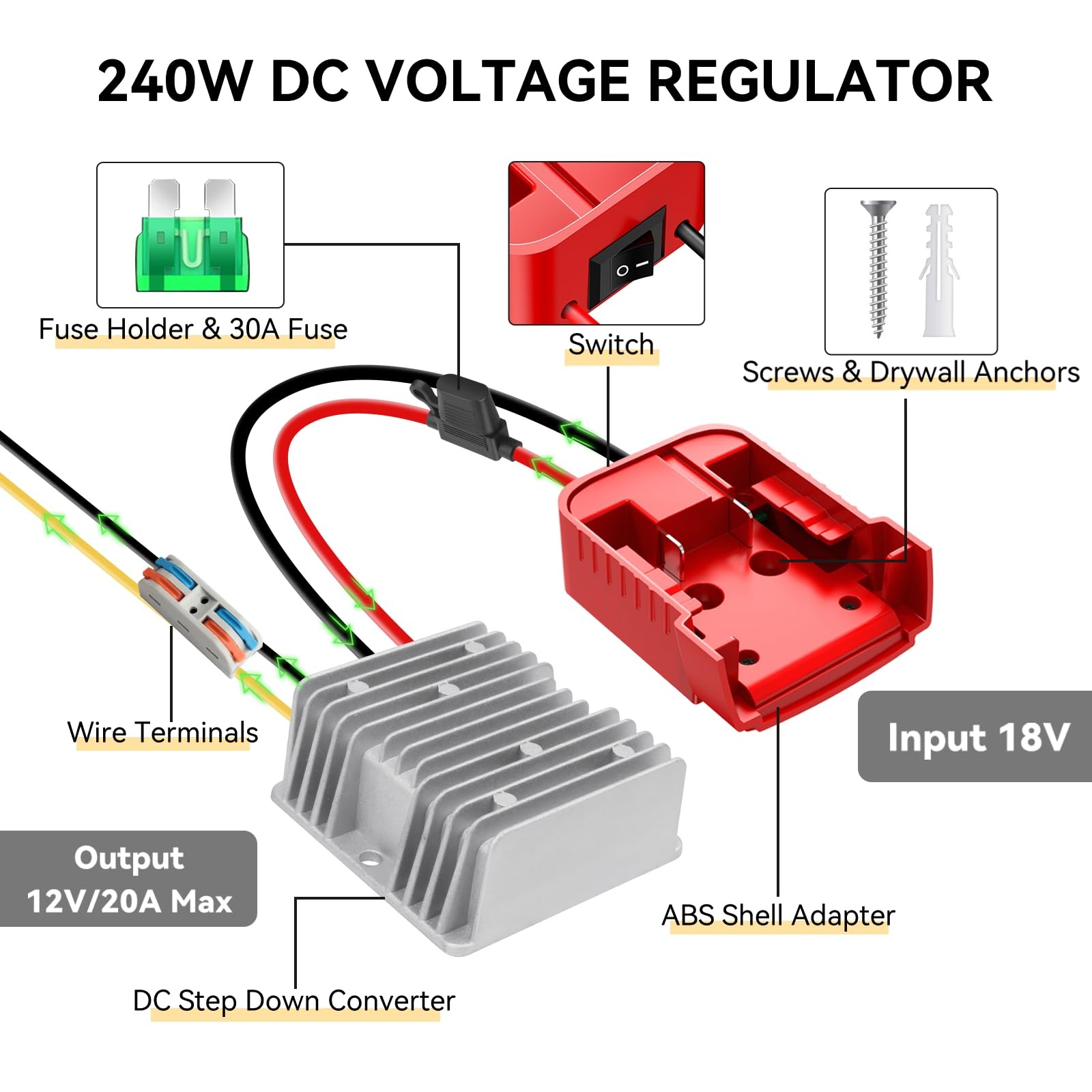 Tanheyin 18V To 12V Step Down Converter For Milwaukee M18 Battery 240W Dc 12V