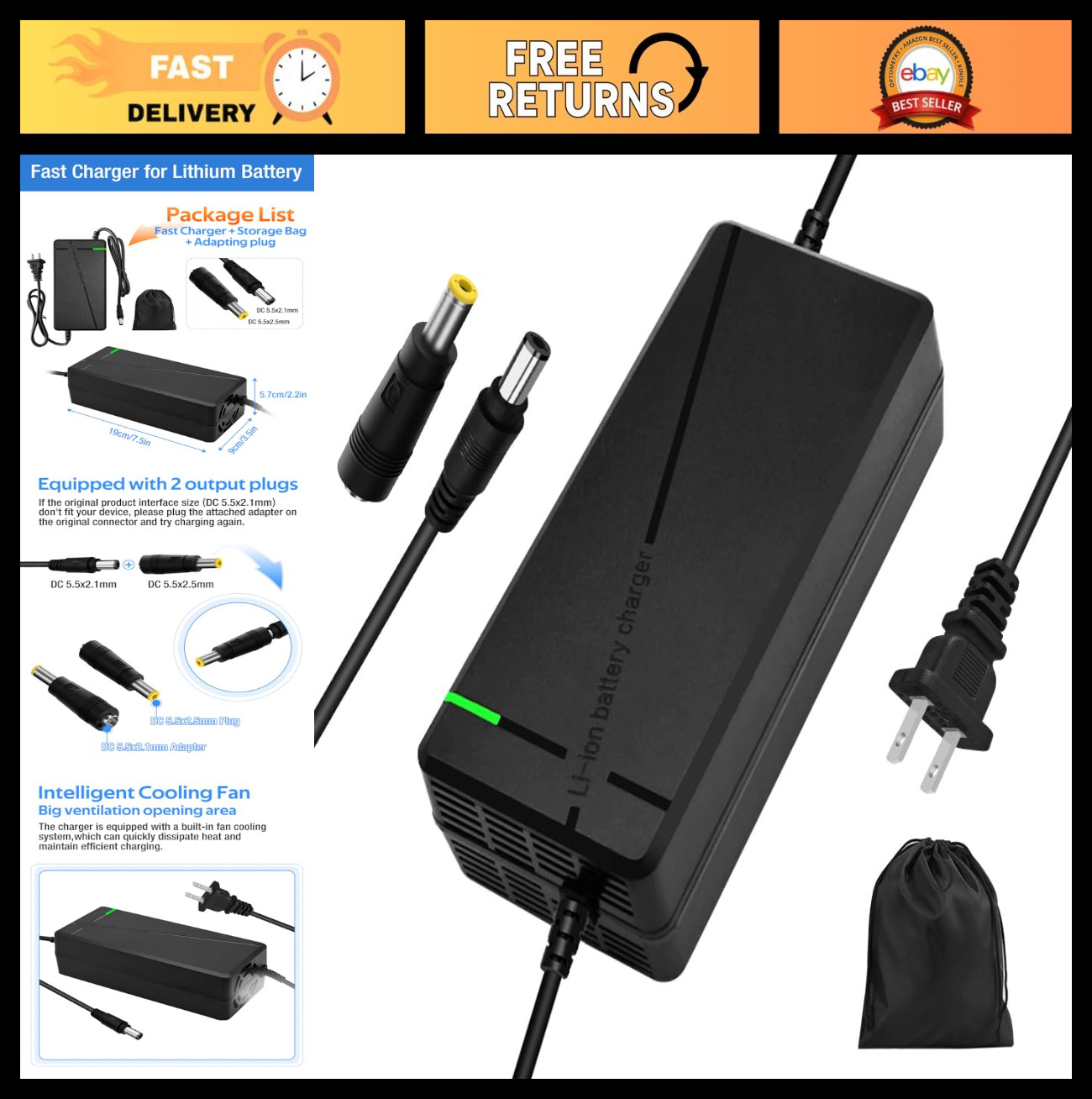 Super Fast 58.8V 3A/5A Charger for 52V Lithium Battery, Cooling System, 2 Plugs