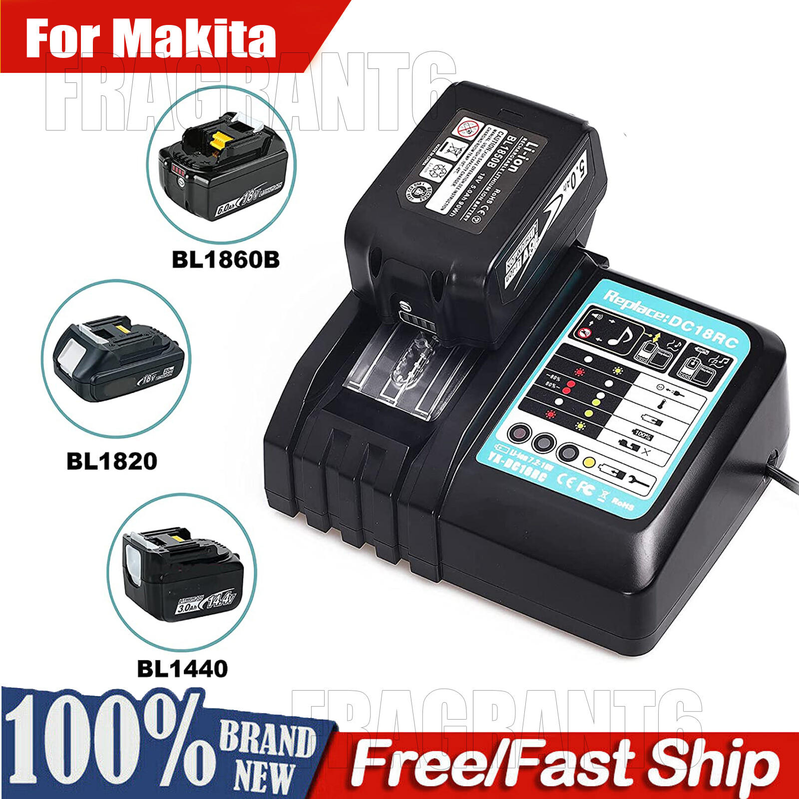For Makita DC18RC 18V LXT Lithium‑Ion Rapid Optimum Battery Charger BL1830 1860