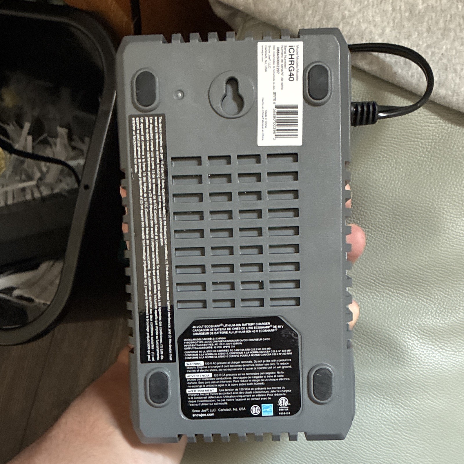 Sun Joe 40V EcoSharp Lithium-Ion Battery Charger ICHRG40 w/ Battery, Gray