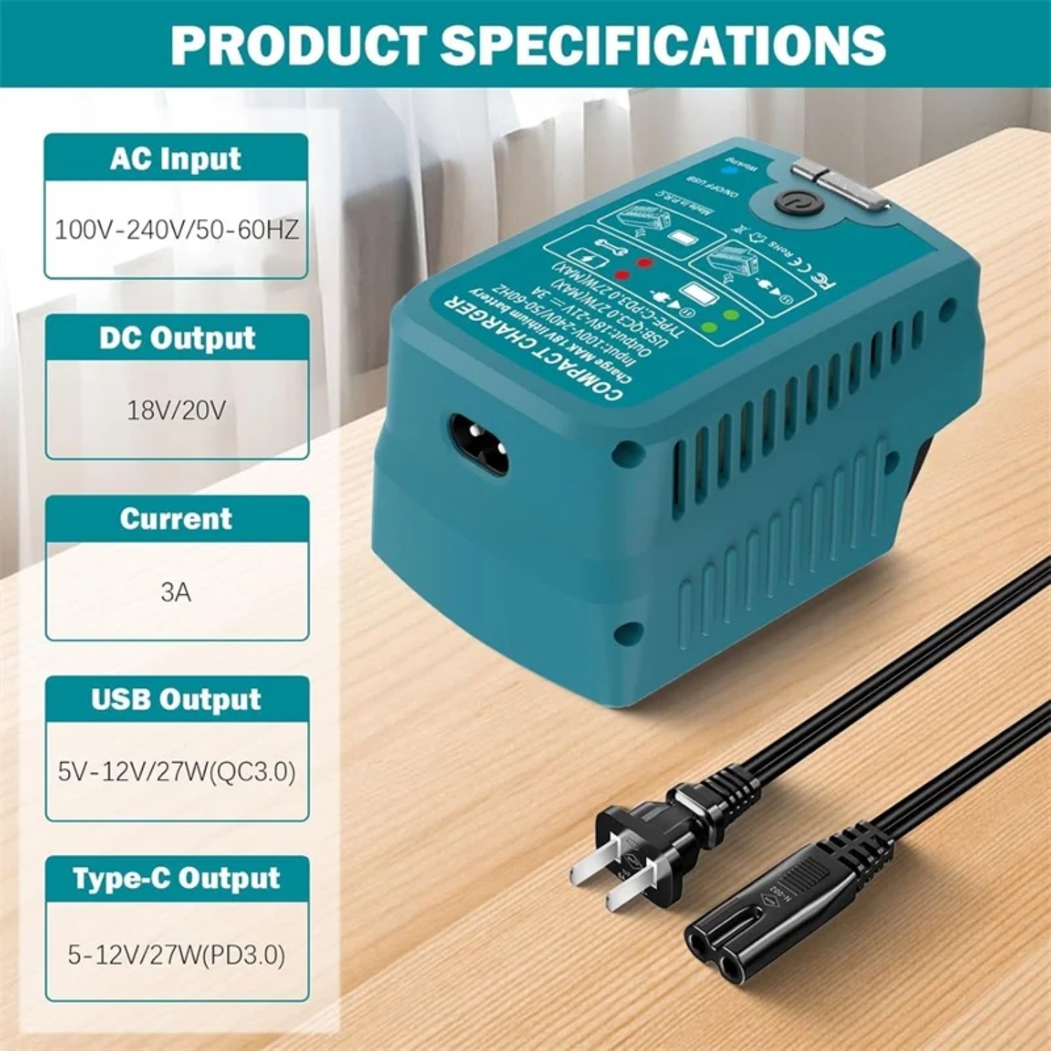 Portable Fast Charger for Makita 18V with USB Type -C Output 110V 3A Travel