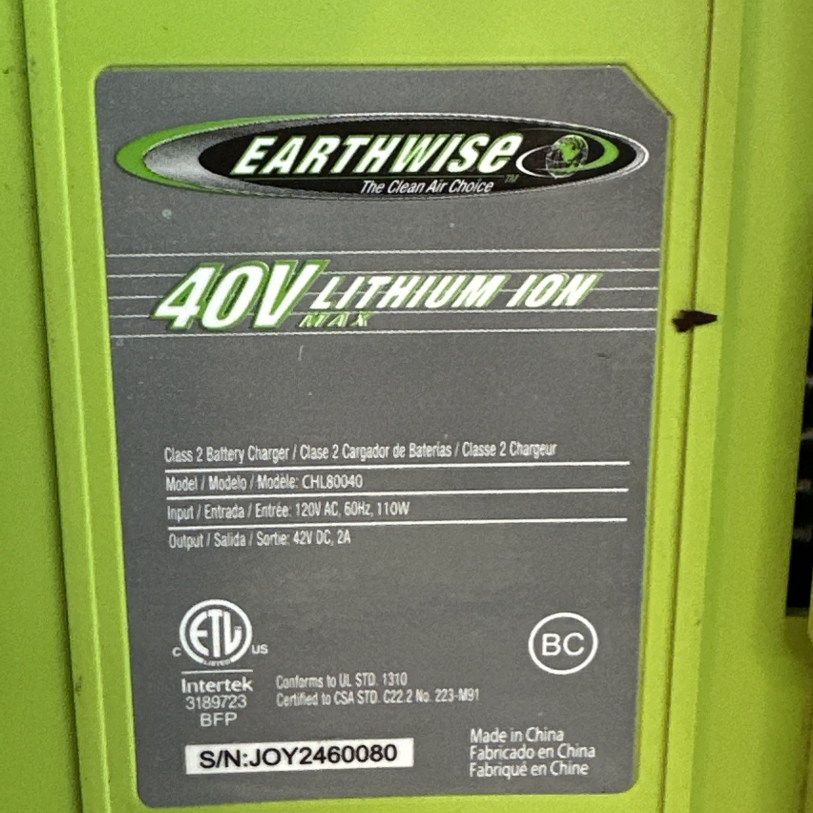 Genuine Earthwise CHL80040 40 Volt Lithium Ion Class 2 Battery Charger 40v OEM
