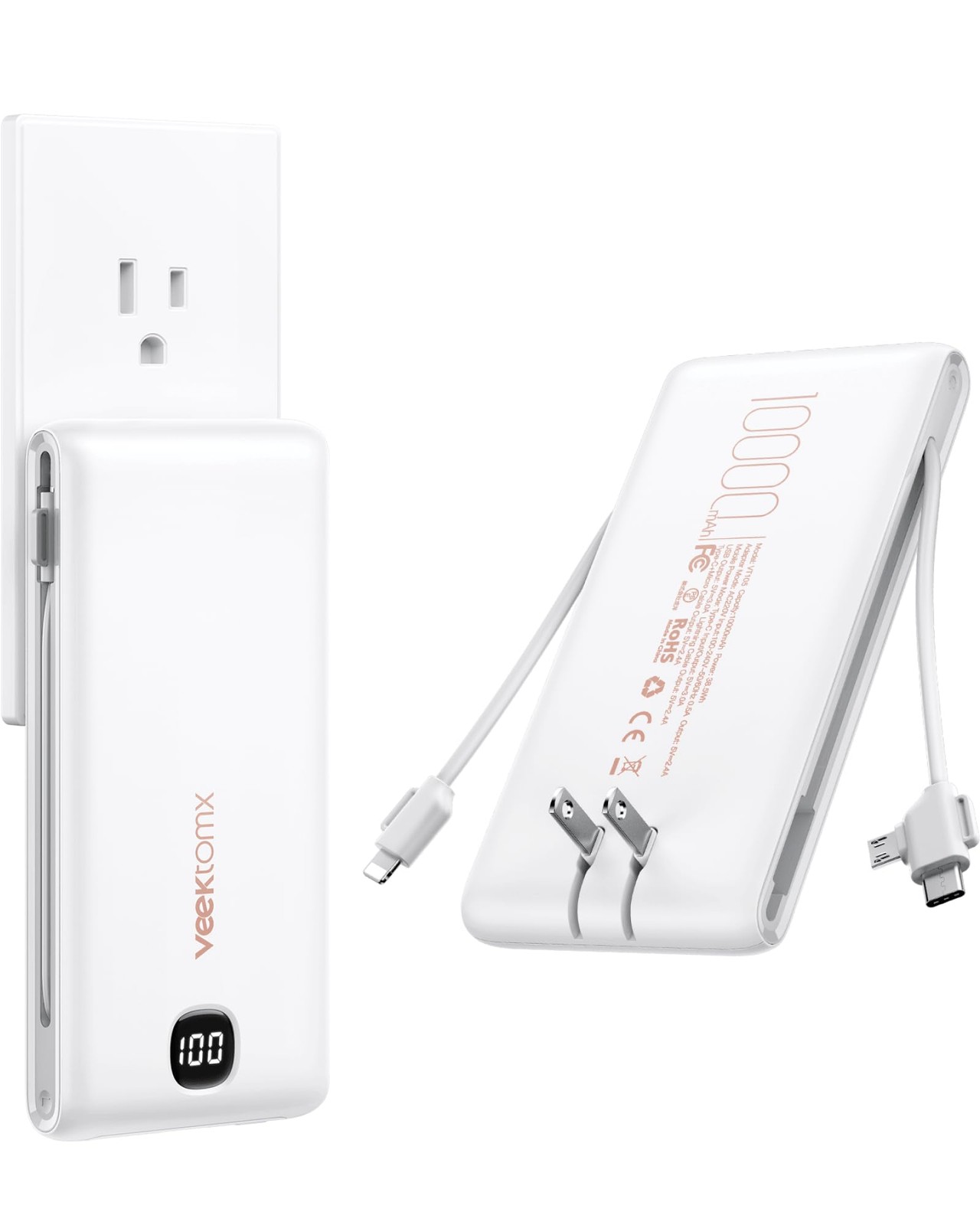 Veektomx Portable Charger Built In Cables 10000Mah Power Bank For Iphone Ac