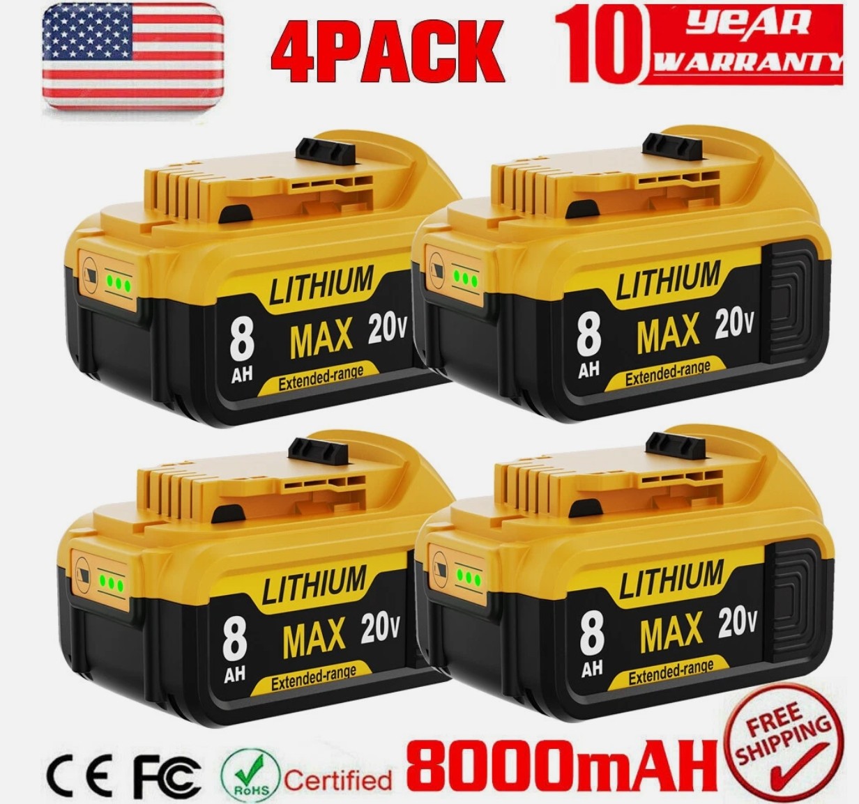4Pack 8.0Ah for Dewalt 20 Volt Max Battery 20V Lithium-ion DCB201 DCB200 8Ah