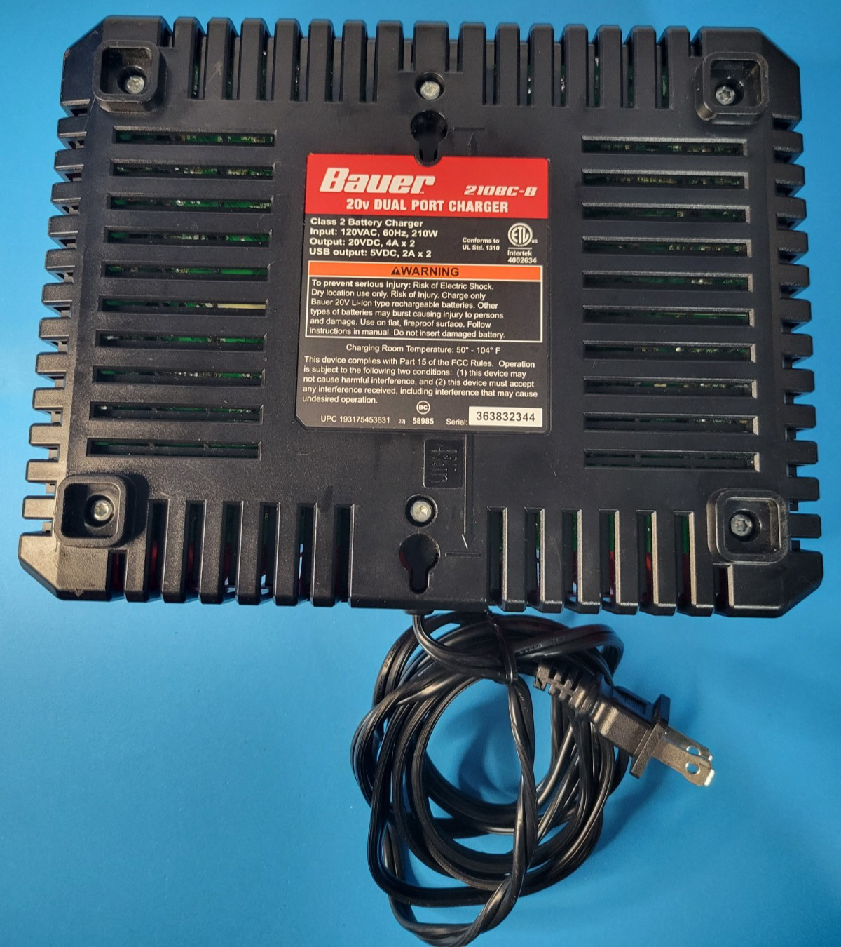 BAUER 20V Dual-Port Battery Charger 2108C-B 58985 USB Ports
