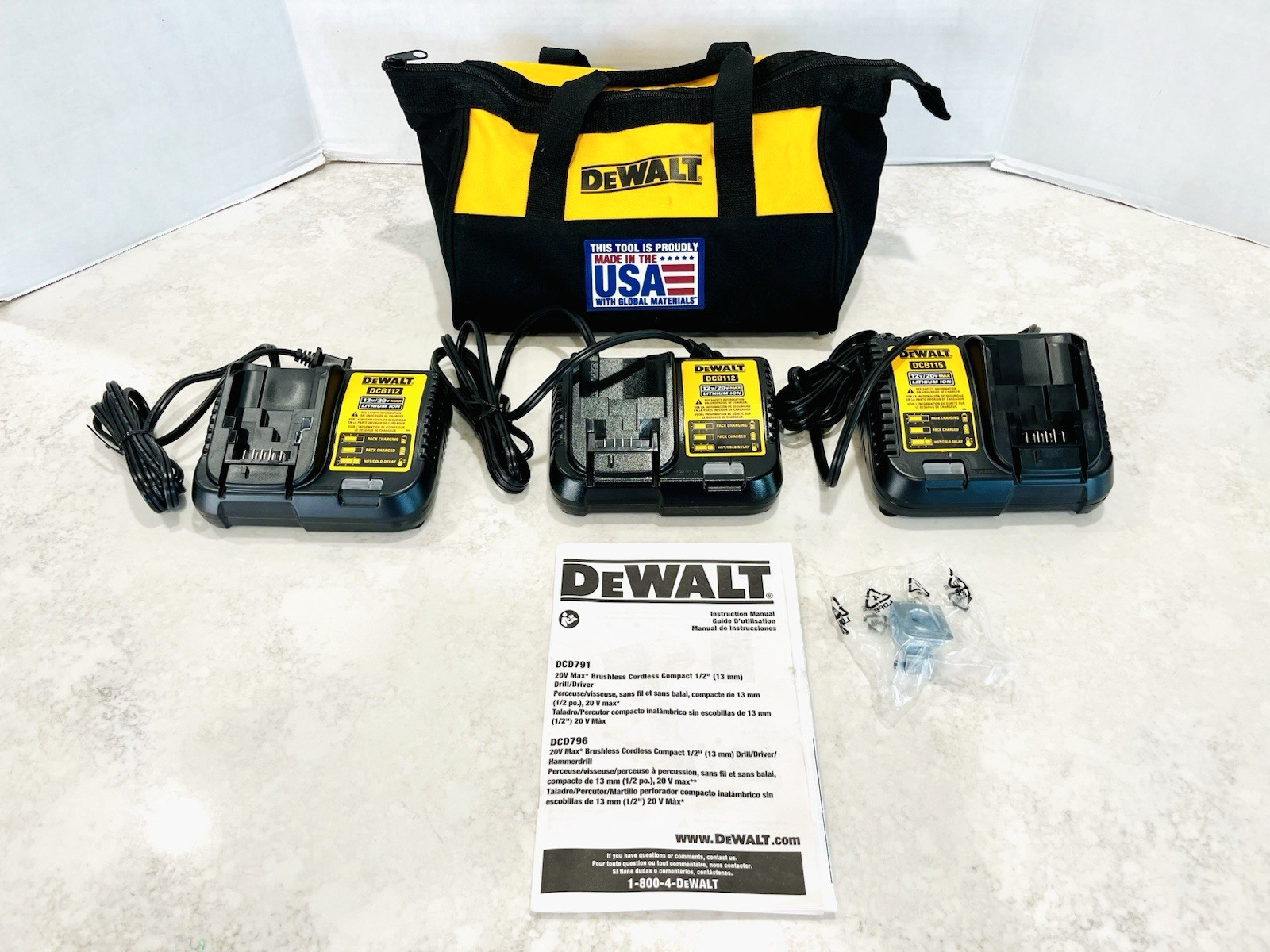 DEWALT 12V/20V MAX Lithium-Ion Battery Chargers (2-DCB112’s+1-DCB115)w/Carry Bag