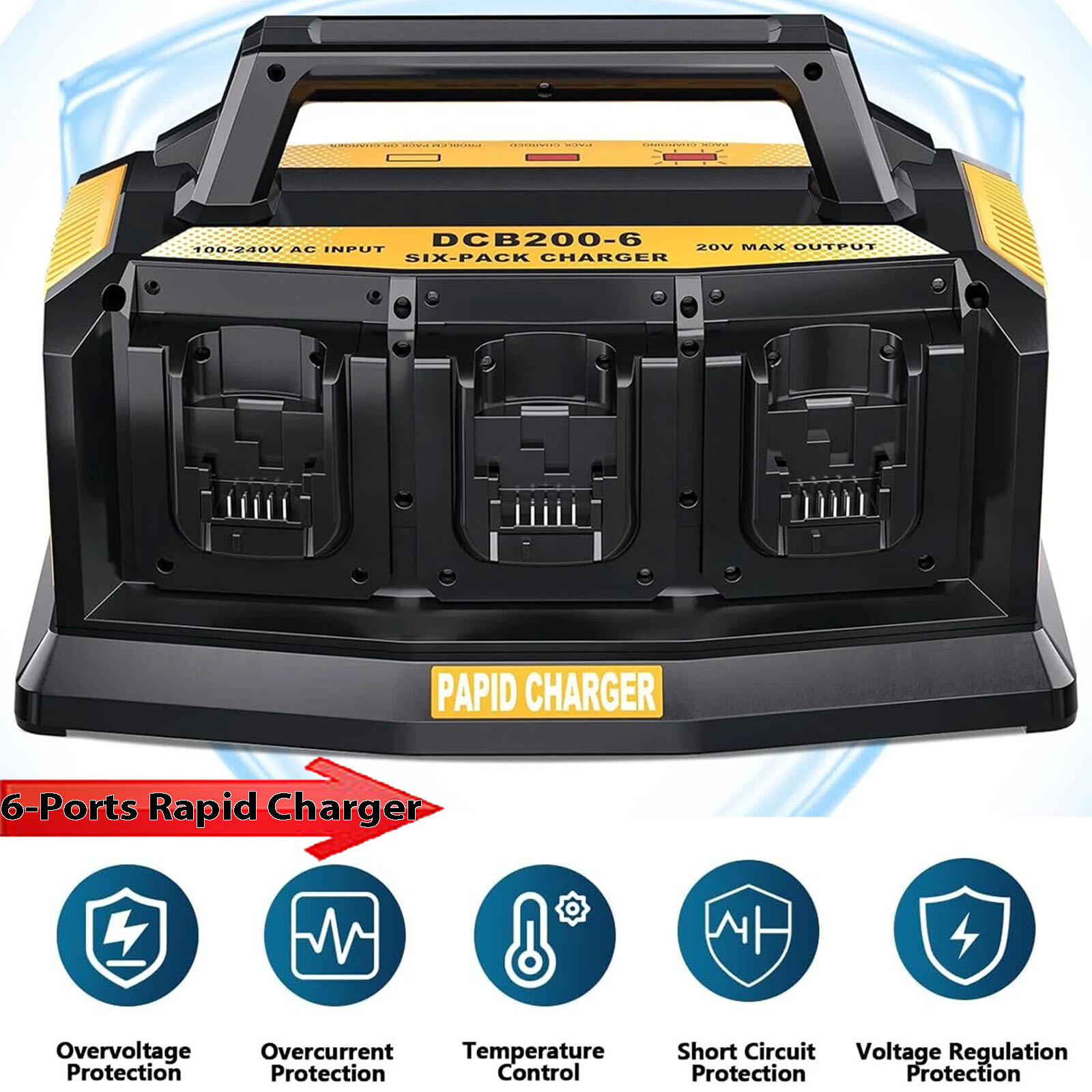 6-Ports Simultaneous Rapid Charger for Dewalt 20v Li-Ion Battery DCB200 DCB201