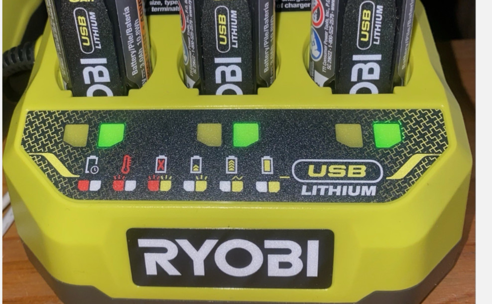 Ryobi USB Lithium 3 Port Charger – FVCH01 with 3—FVB02: 2ah Batteries – * Open *