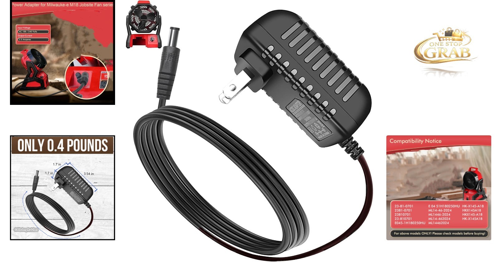 Power Adapter for Milwaukee M18 Fan 18V 6.5 ft Cord Replacement