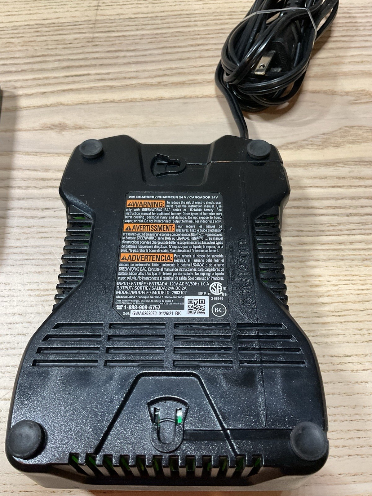 Greenworks 24V Lithium-Ion Rapid Battery Charger Model 2903102 OEM