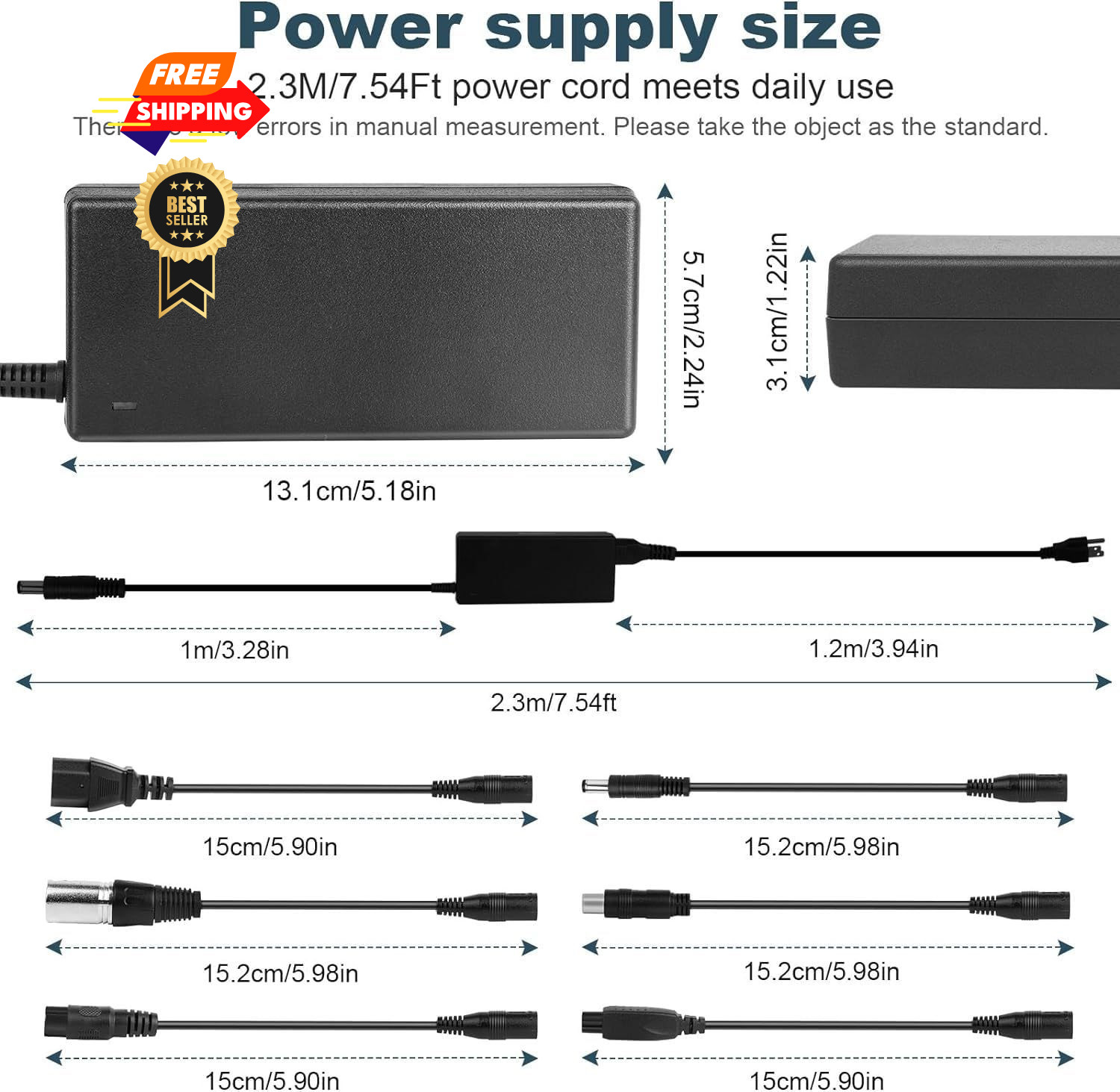 42V 2A Charger with 7 Plugs 7 for 36V Lithium, black