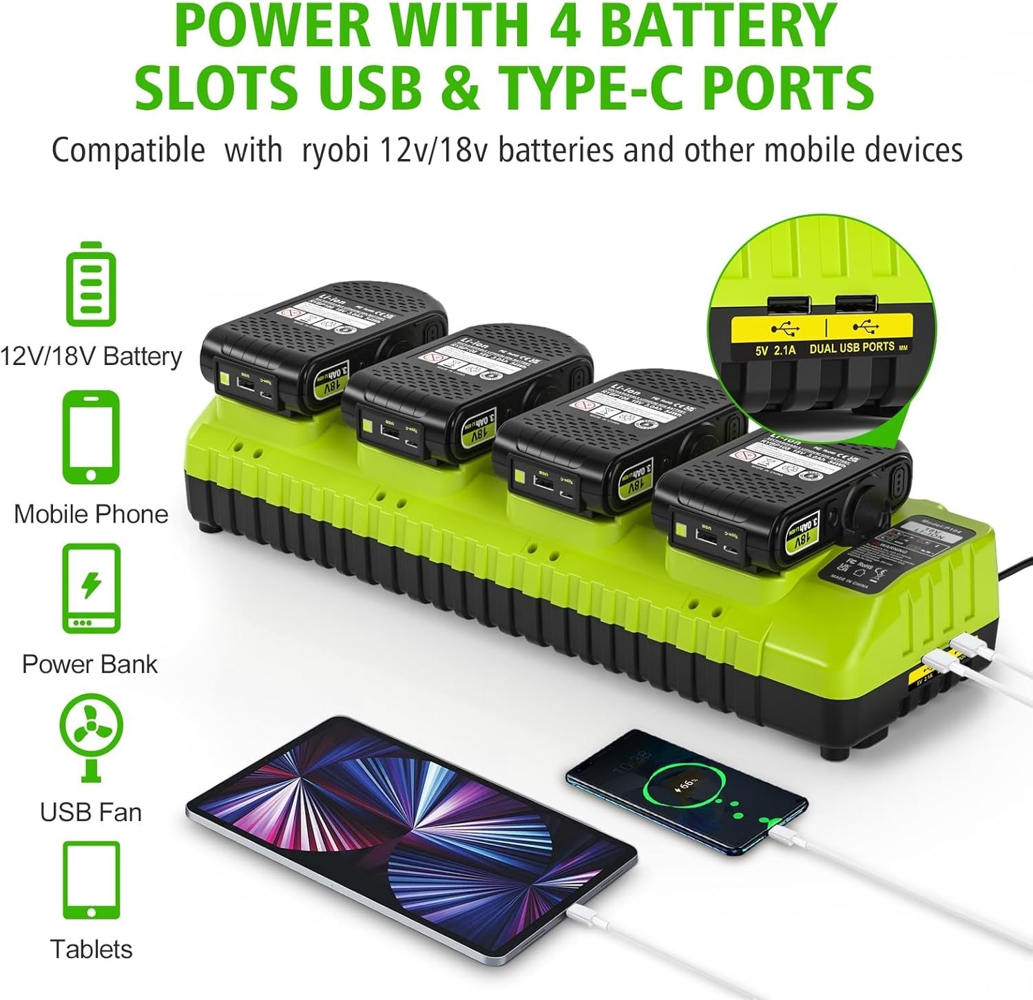 Ryobi 18V Battery Charger 4-Port Fast Multi-Battery Station with Dual USB