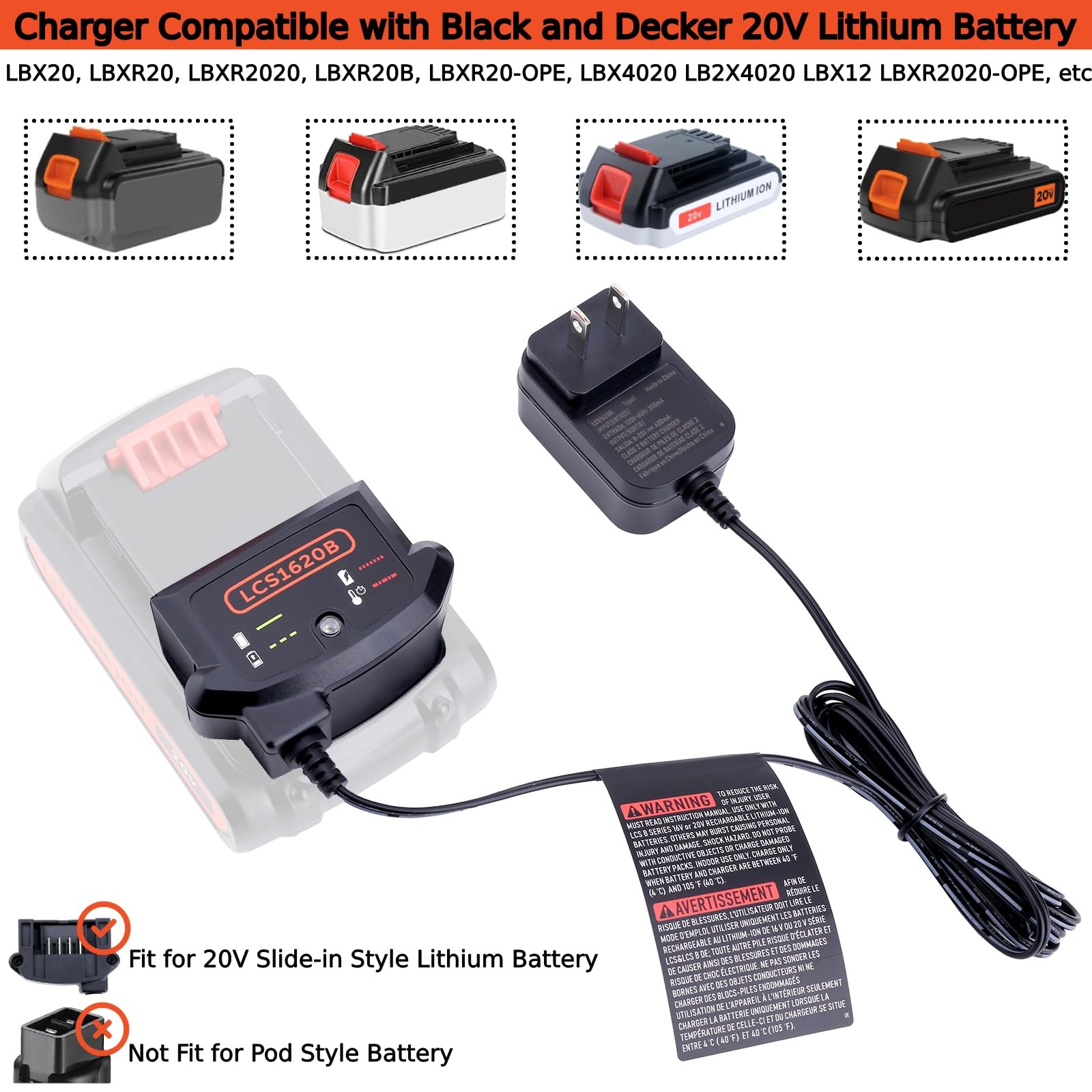 Tulepowceeng LCS1620B Charger Compatible with Black and Decker 20V 12V