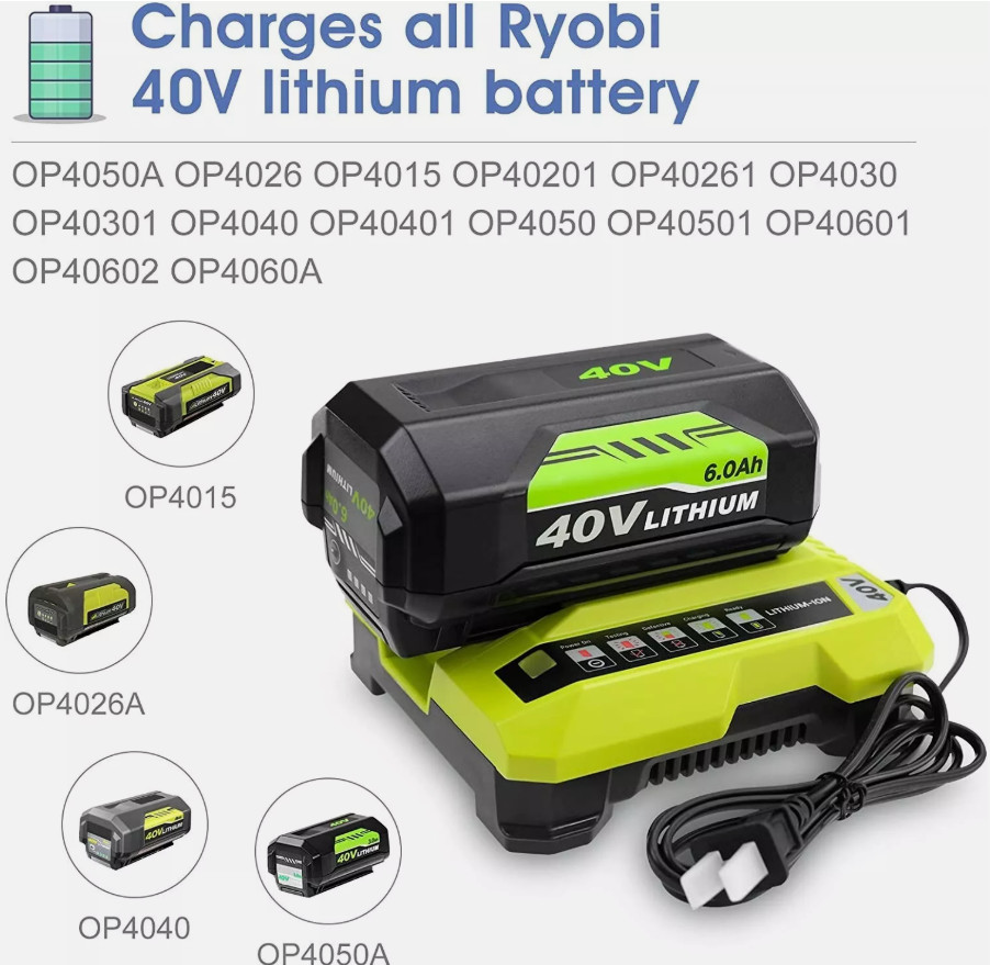 1/2X Battery/Charger For Ryobi 40V With LED Lithium-Ion 40-Volt OP406VNM OP40602