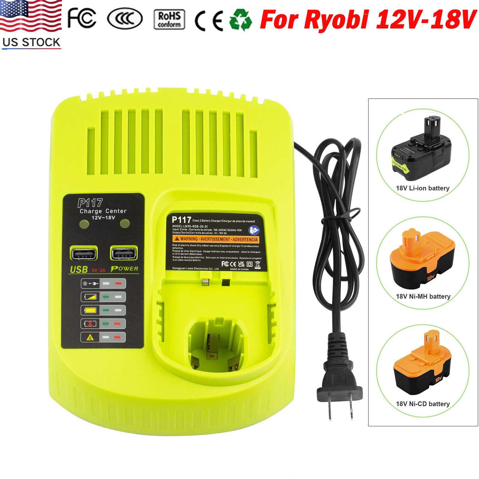 Rapid Charger P117 For RYOBI P108 18V One Plus High Capacity Lithium-ion Battery